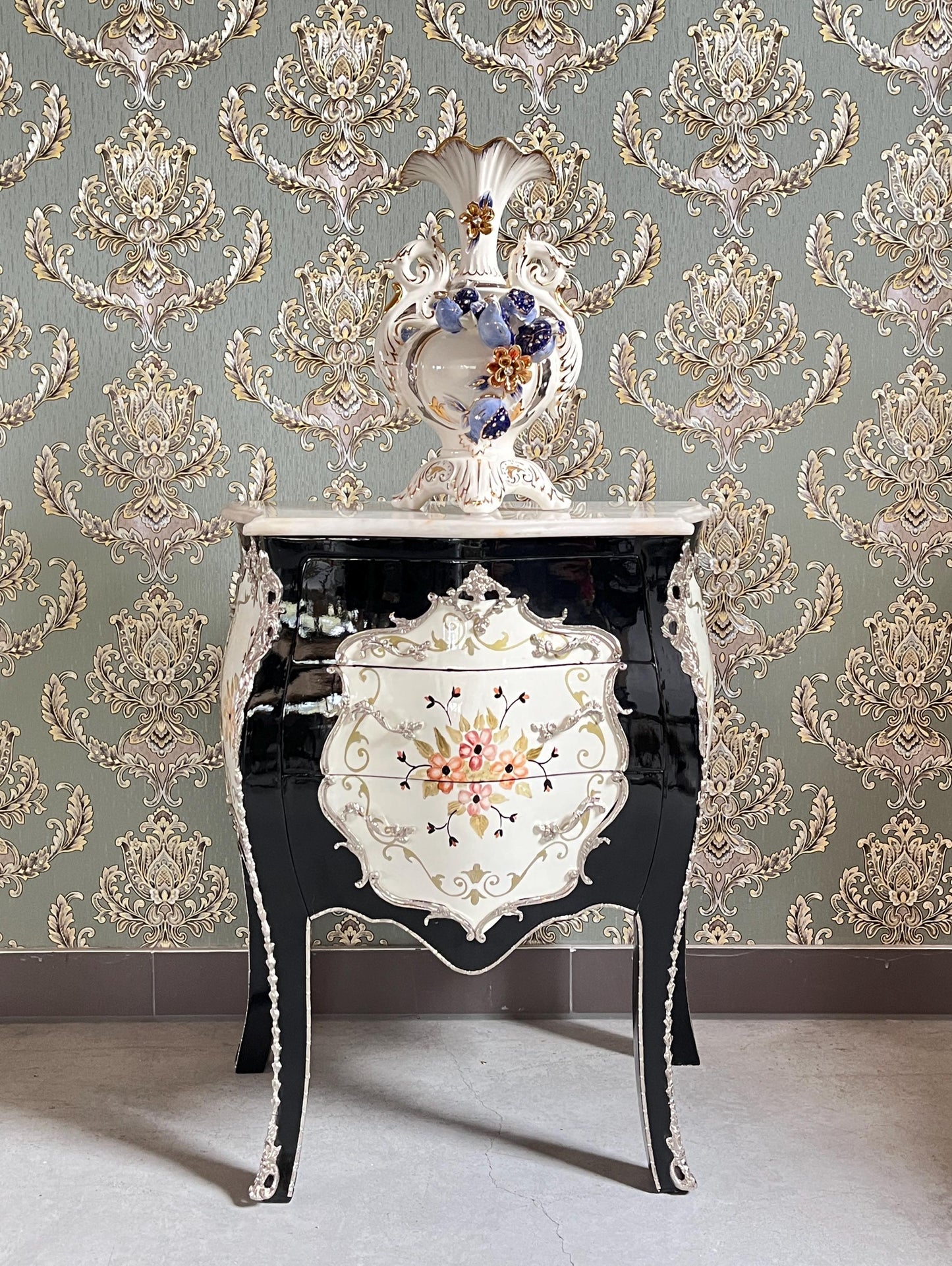 Baroque Nightstand: Hand-Painted Floral Accent, French Antique Style