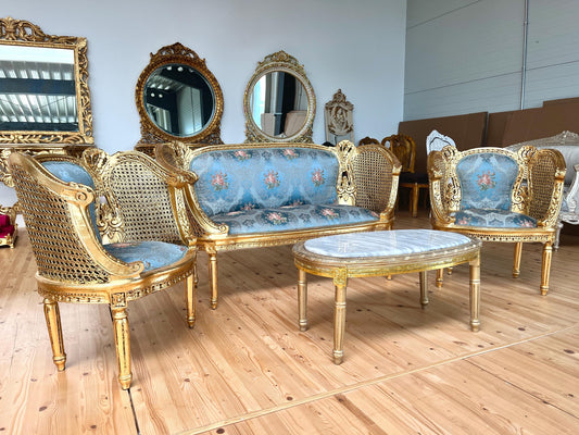 Sofa Set Royal Baroque Style in Blue Floral Damask Retro Rococo Couch Set in Gold Finish for Lounge Room Decor Party Event TV Movie Shooting