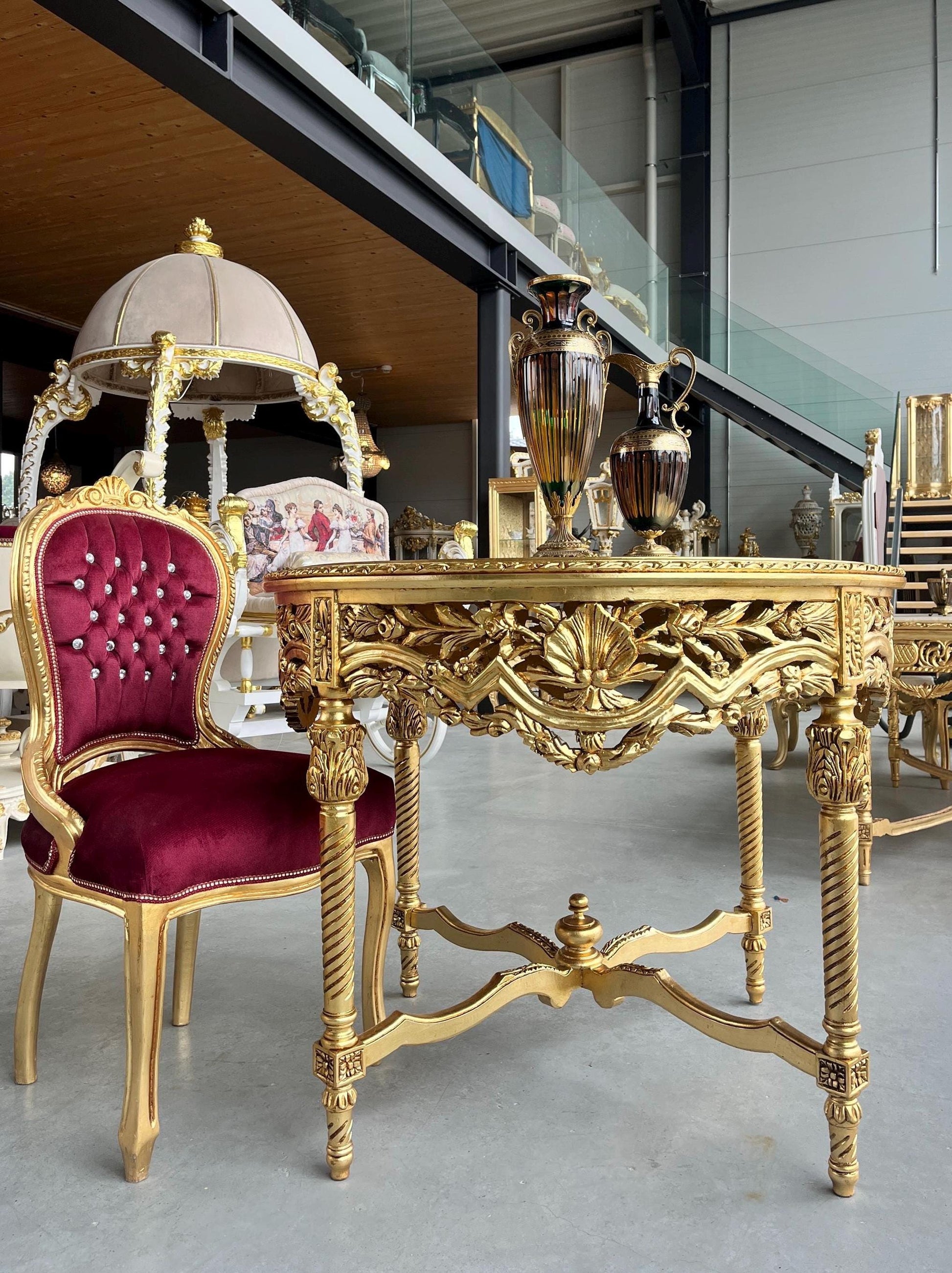 Dining Table in Gold Finish French Baroque Style Round Table Handmade Antique Style for Dining Room Decor