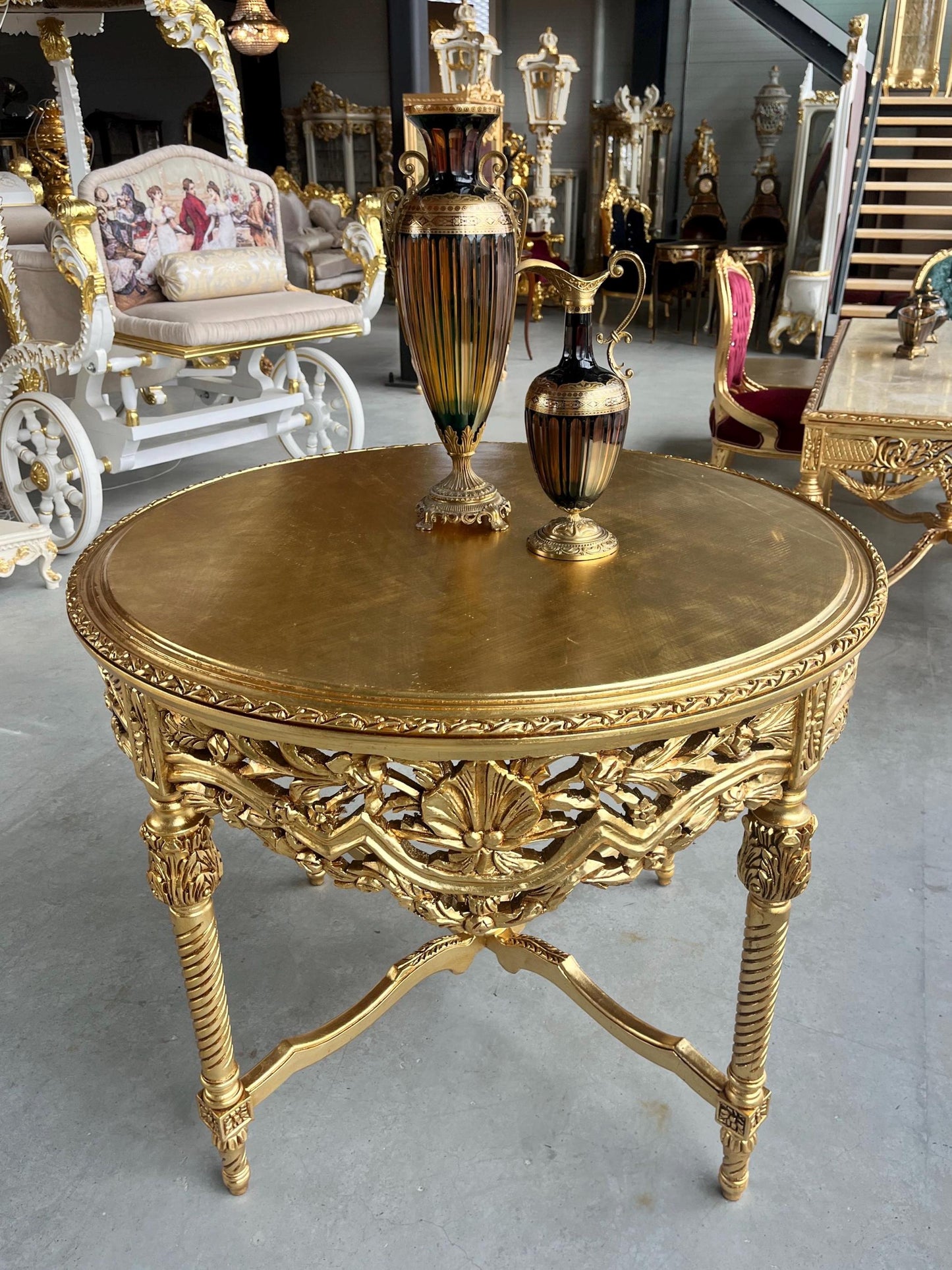 Dining Table in Gold Finish French Baroque Style Round Table Handmade Antique Style for Dining Room Decor
