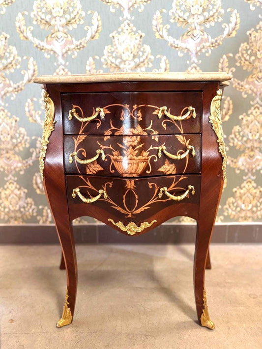 Deluxe Chest of Drawer French Louis Baroque Style Night Stand Marble Top in Wooden Brown Color Classic Bed Side Table for Home Decor