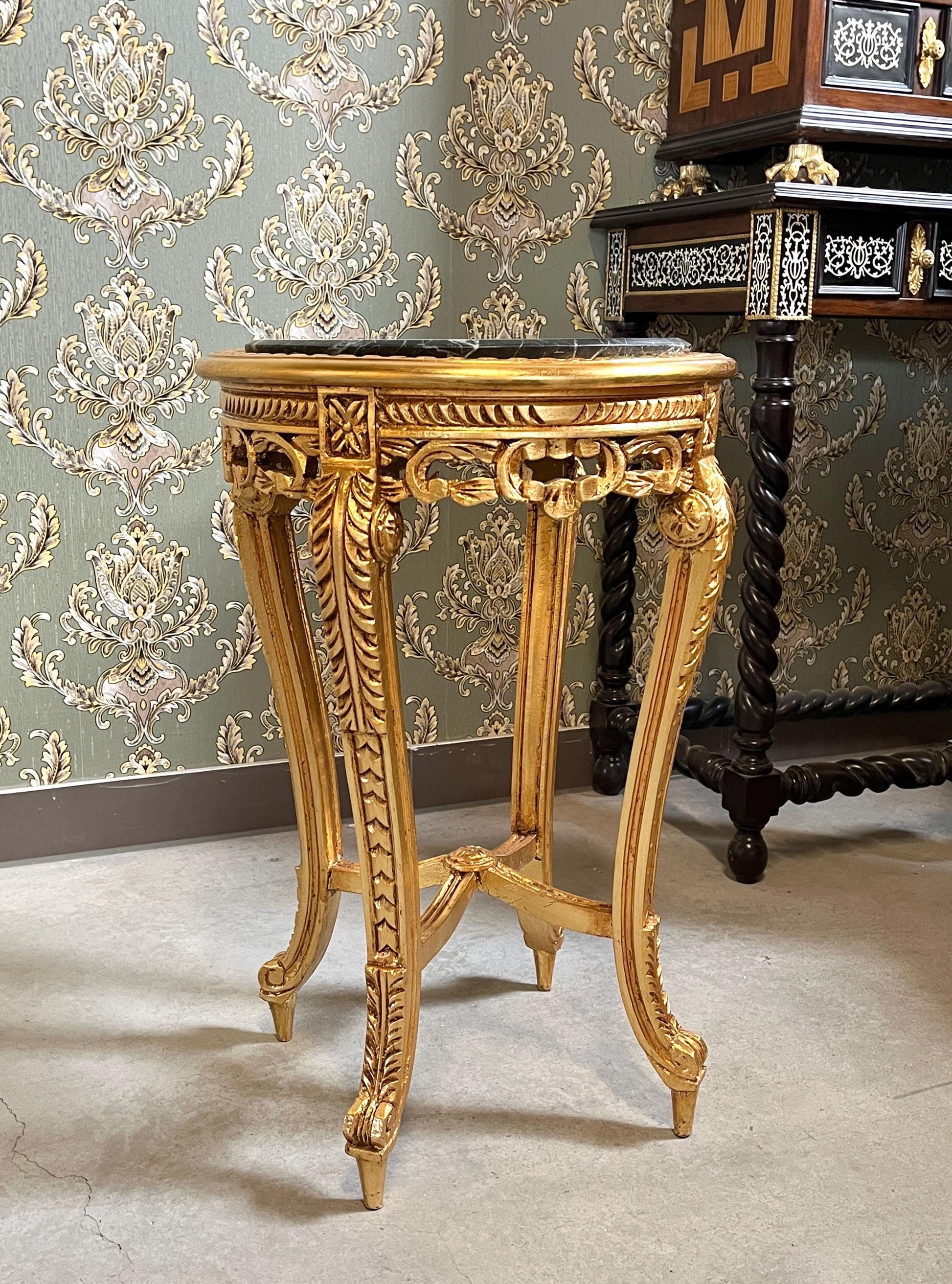 Side Table French Baroque Style with Marble Top Lamp Table Coffee Table Retro Antique Style White Finish Beige Marble for Home Decor