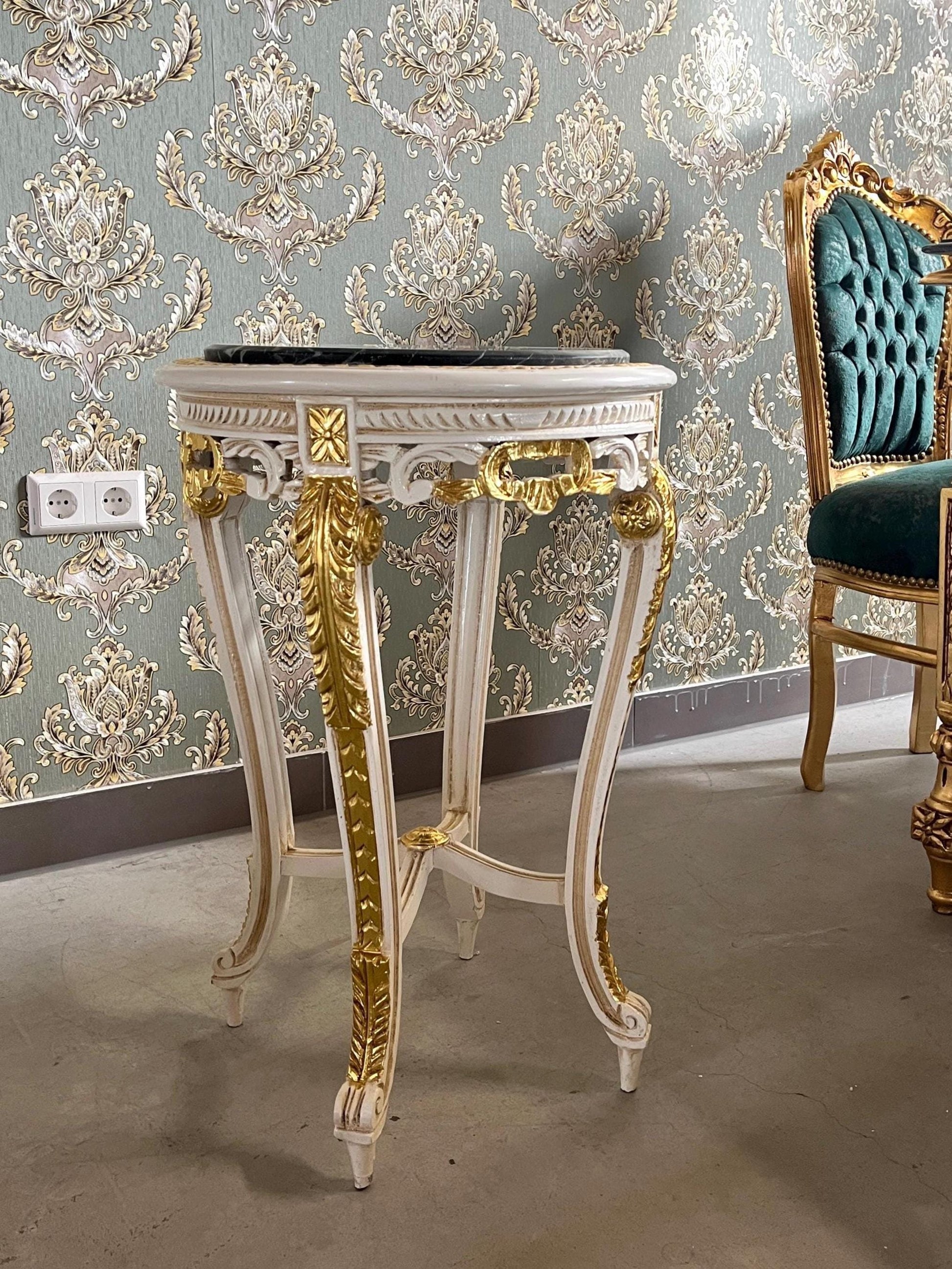 Side Table French Baroque Style with Marble Top Lamp Table Coffee Table Retro Antique Style White Finish Beige Marble for Home Decor