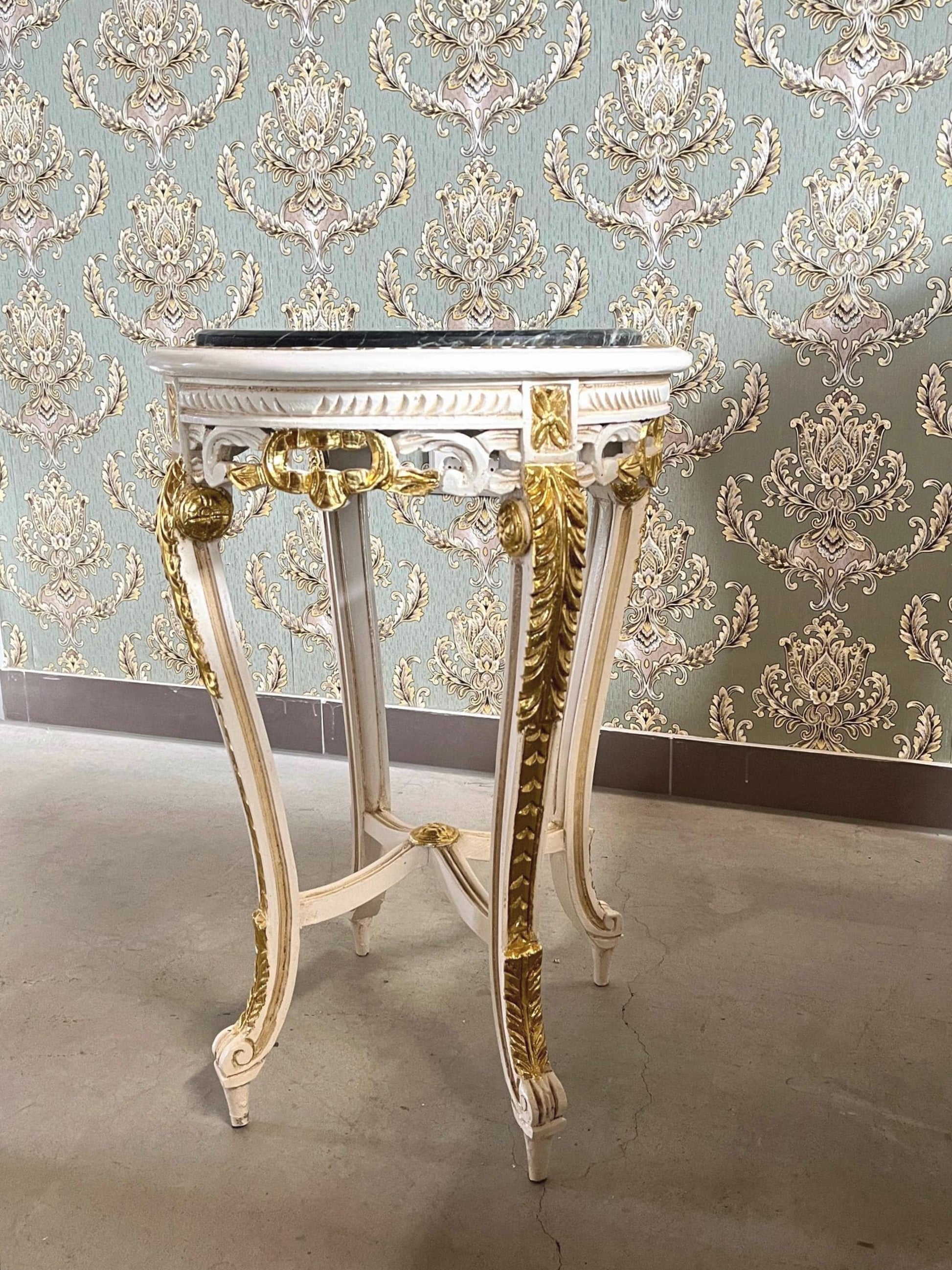 Side Table French Baroque Style with Marble Top Lamp Table Coffee Table Retro Antique Style White Finish Beige Marble for Home Decor