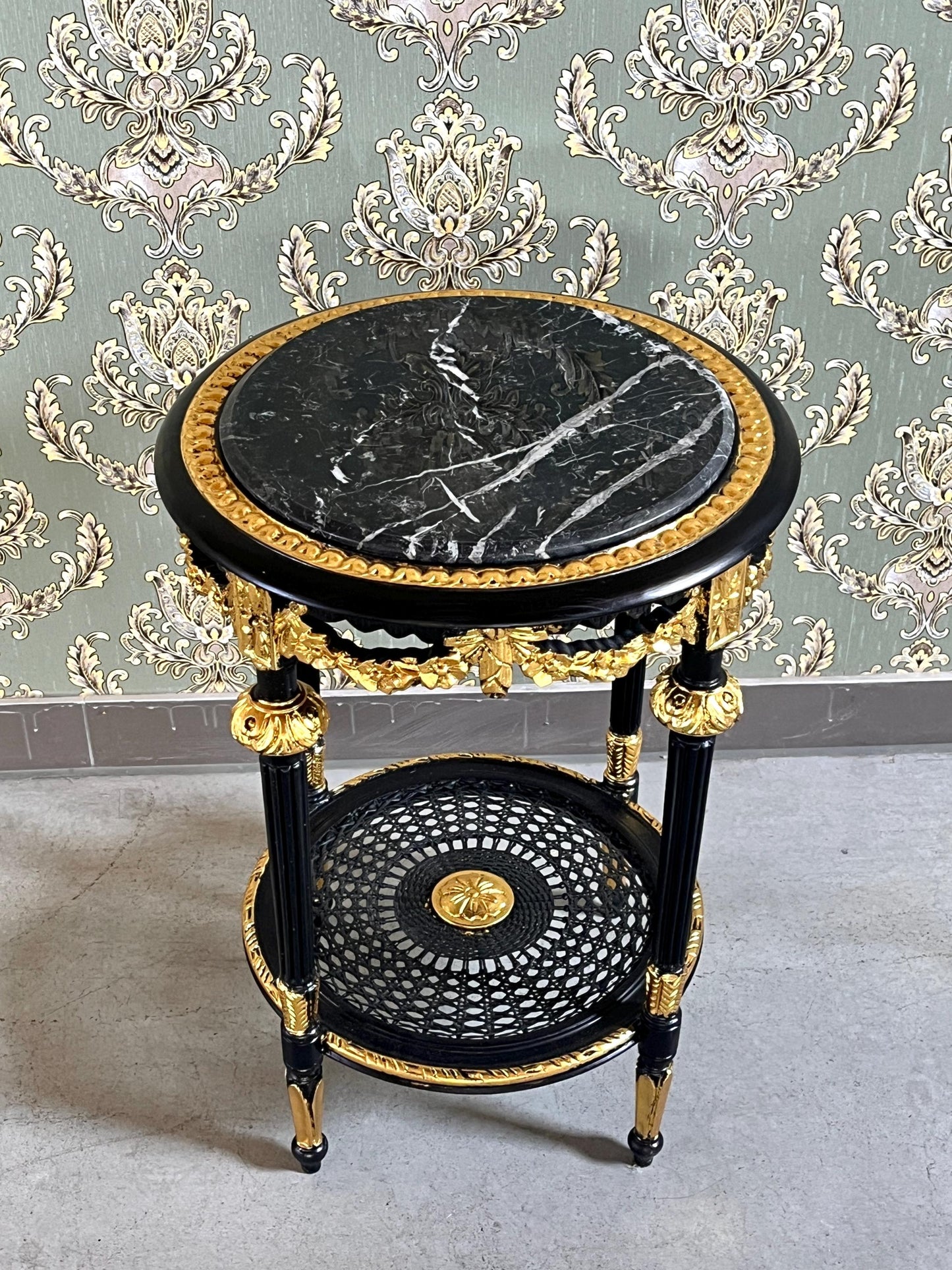 Black & Gold French Baroque Side Table: Marble Top Rococo Accent Table
