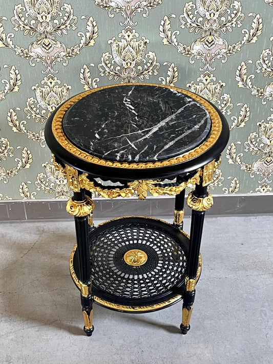 Black & Gold French Baroque Side Table: Marble Top Rococo Accent Table