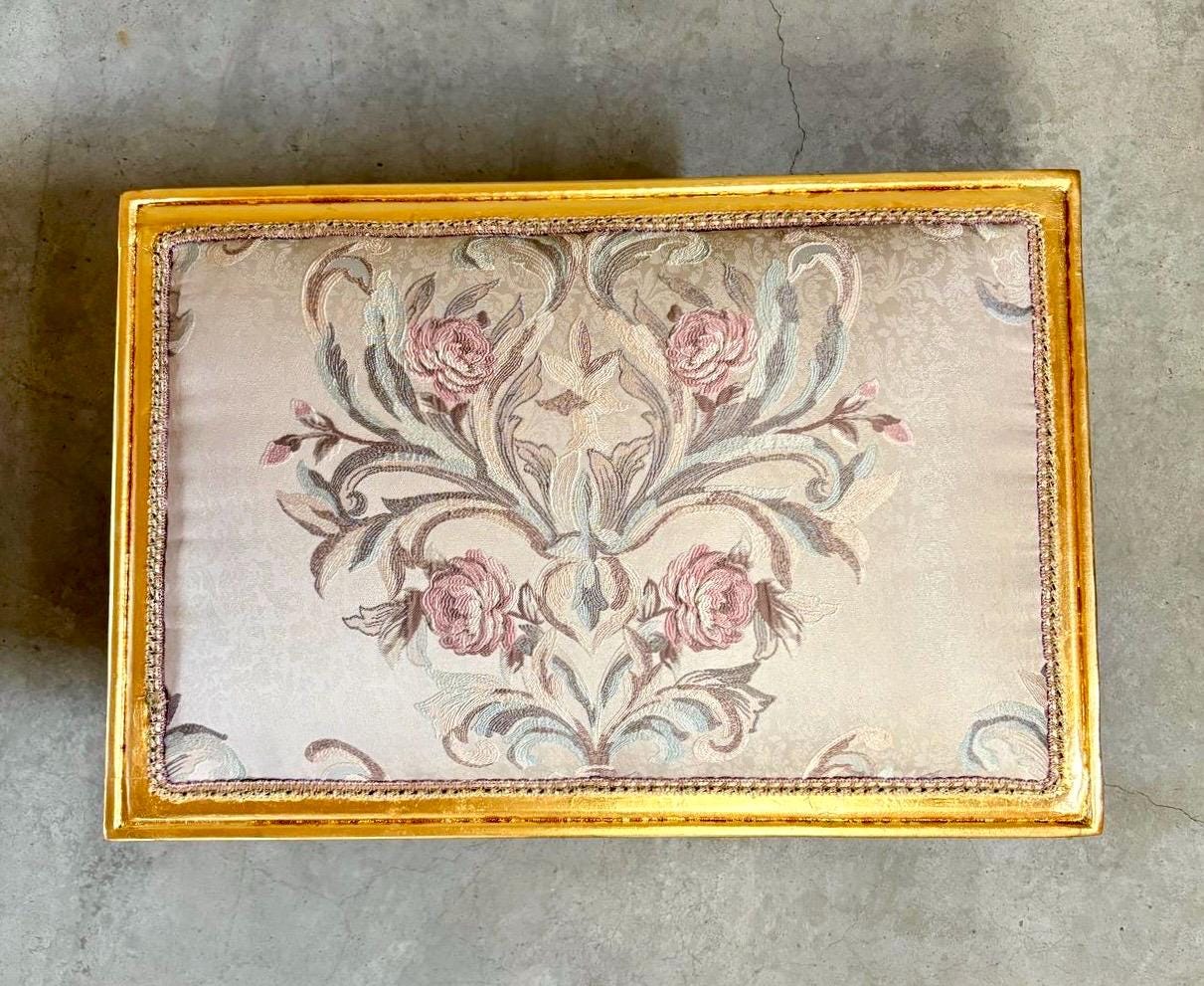 Baroque Ottoman Stool: Gold Finish, Floral Jacquard Fabric
