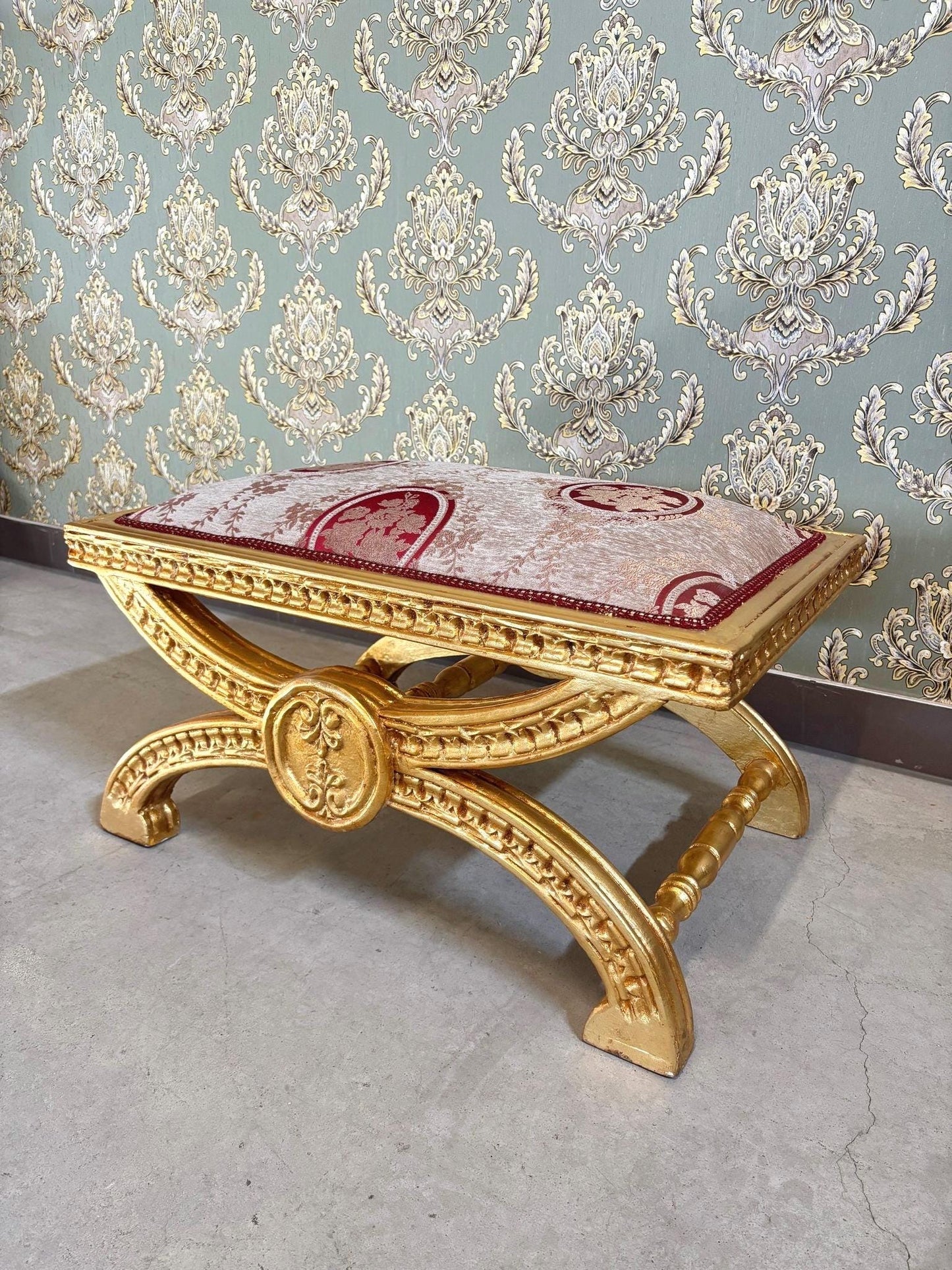 Baroque Ottoman Stool: Gold Finish, Floral Jacquard Fabric