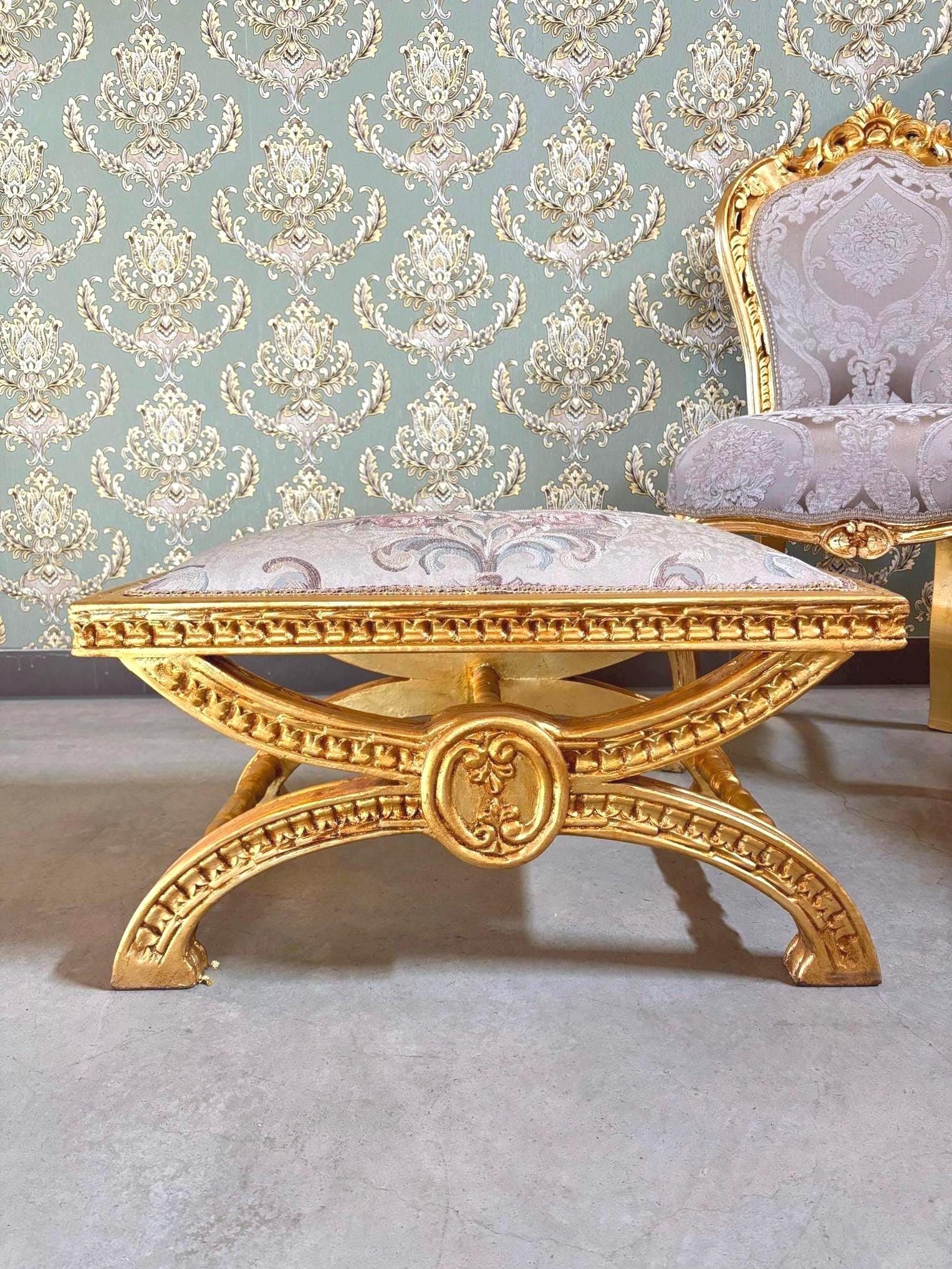 Baroque Ottoman Stool: Gold Finish, Floral Jacquard Fabric