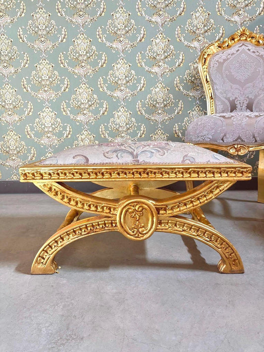 Baroque Ottoman Stool: Gold Finish, Floral Jacquard Fabric