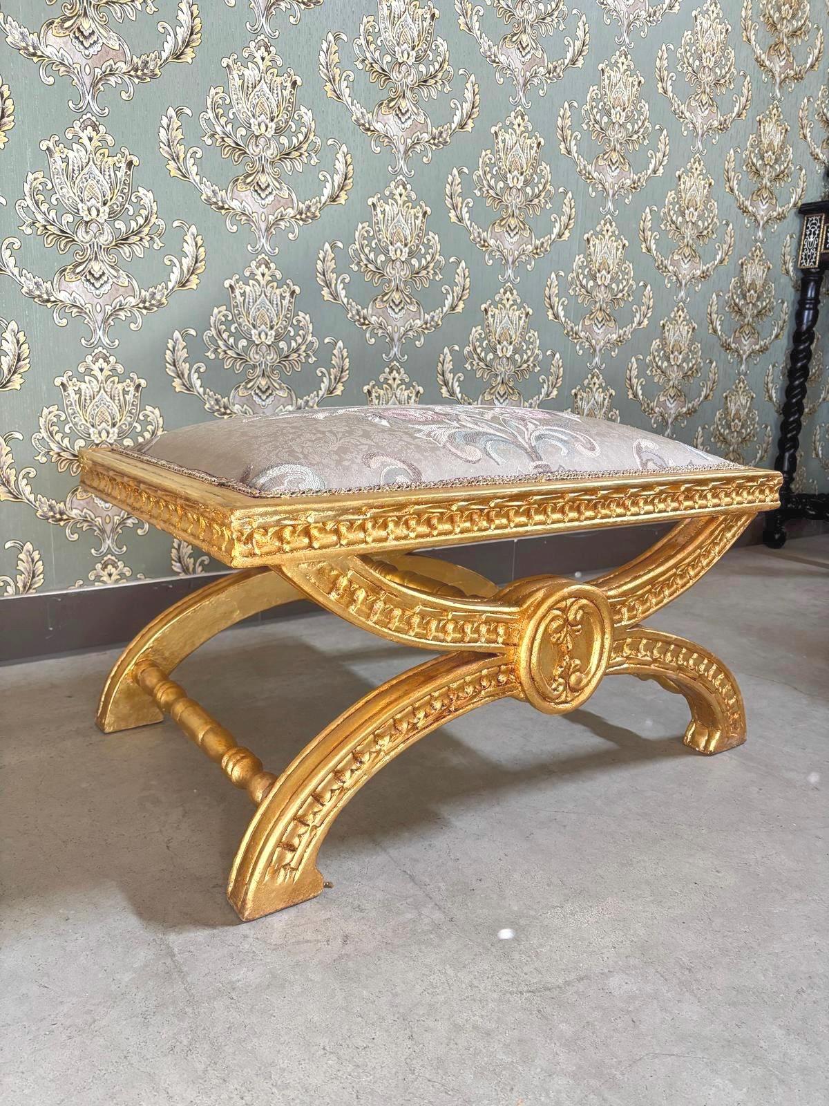 Baroque Ottoman Stool: Gold Finish, Floral Jacquard Fabric