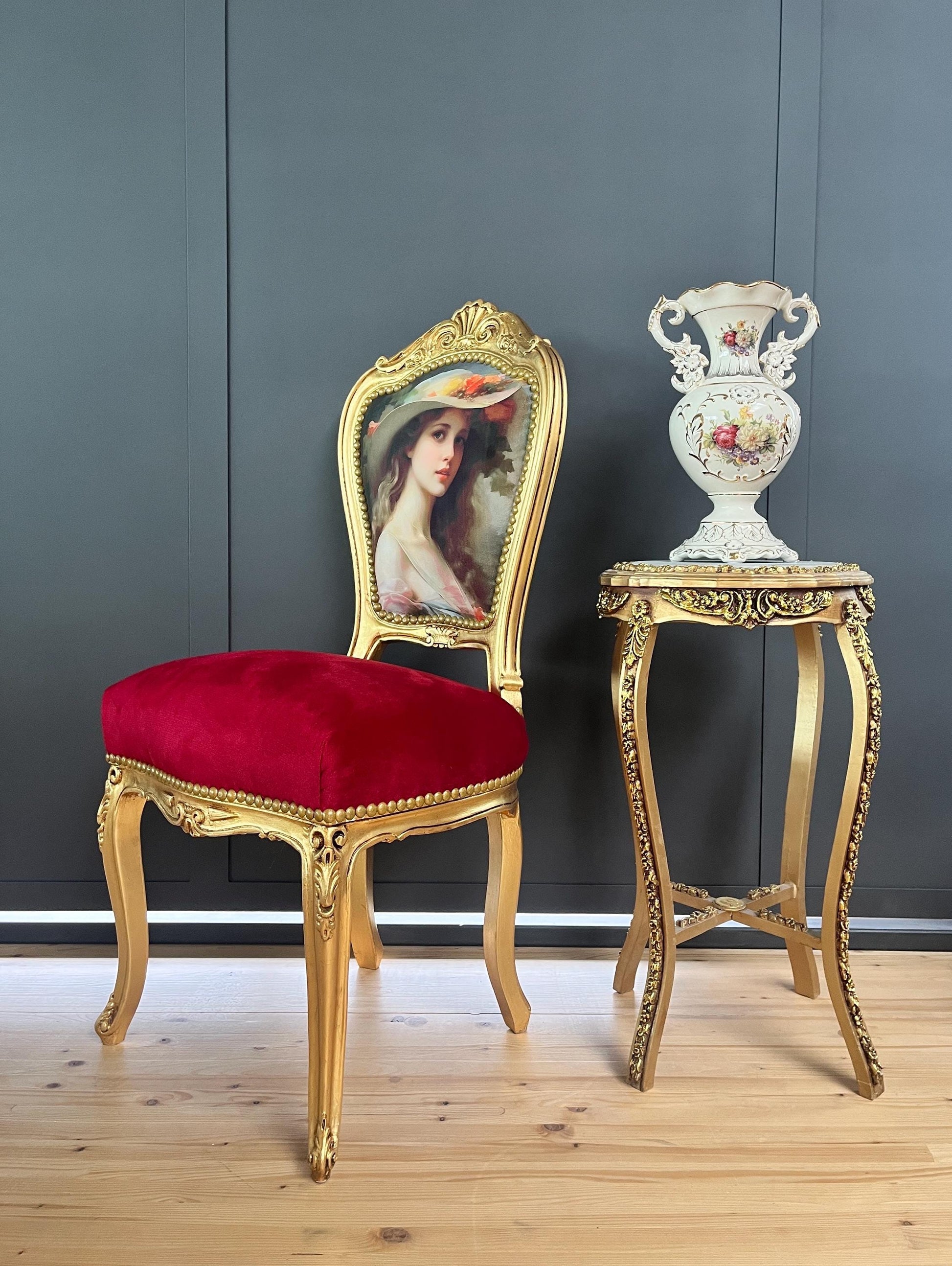 Louis XV Style Red Velvet Chair Set: Antique Baroque Accent Furniture