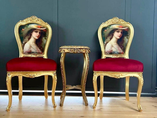 Louis XV Style Red Velvet Chair Set: Antique Baroque Accent Furniture