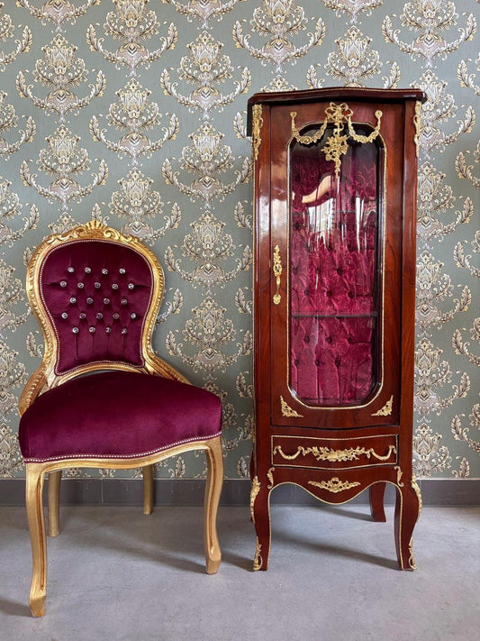 Wooden Display Cabinet French Antique Style Brown Showcase Retro Baroque Glass 3-Shelf Cabinet Bordeaux Fabric at Back for Home Decor