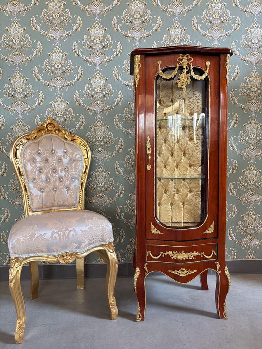 Wooden Display Cabinet French Antique Style Brown Showcase Retro Baroque Glass 3-Shelf Cabinet Gold Fabric at Back for Home Decor