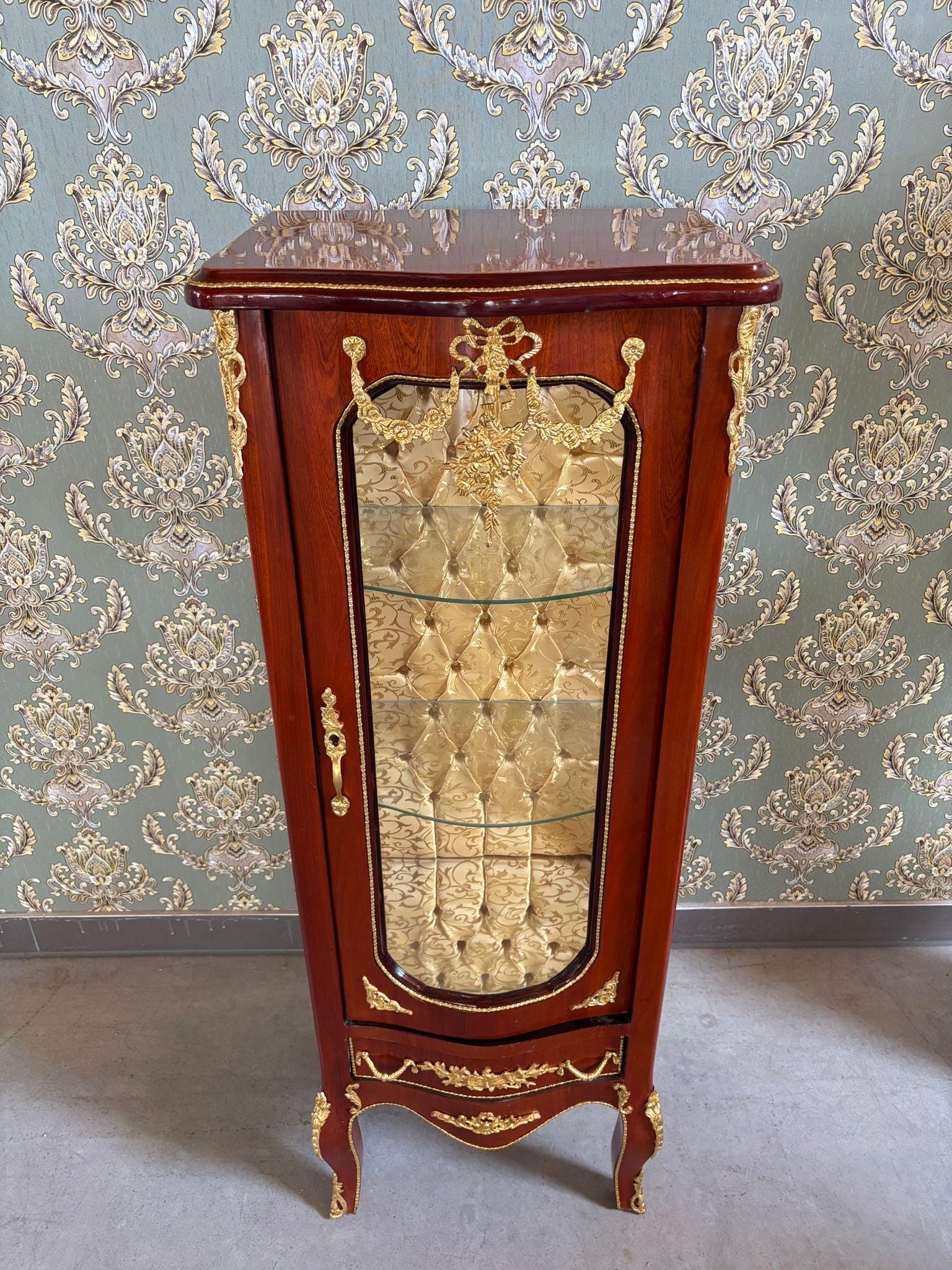 Wooden Display Cabinet French Antique Style Brown Showcase Retro Baroque Glass 3-Shelf Cabinet Gold Fabric at Back for Home Decor