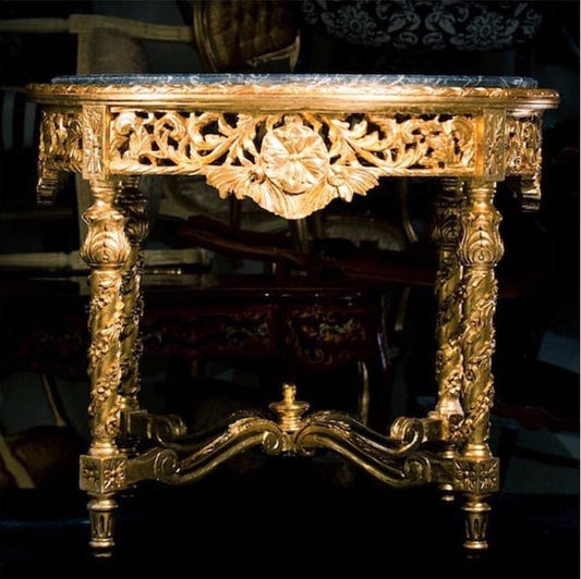 Round Table Italian Baroque Rococo Style in Beige Marble Top Table Black Marble Top French Decor Table Antique Style Table for Home Decor