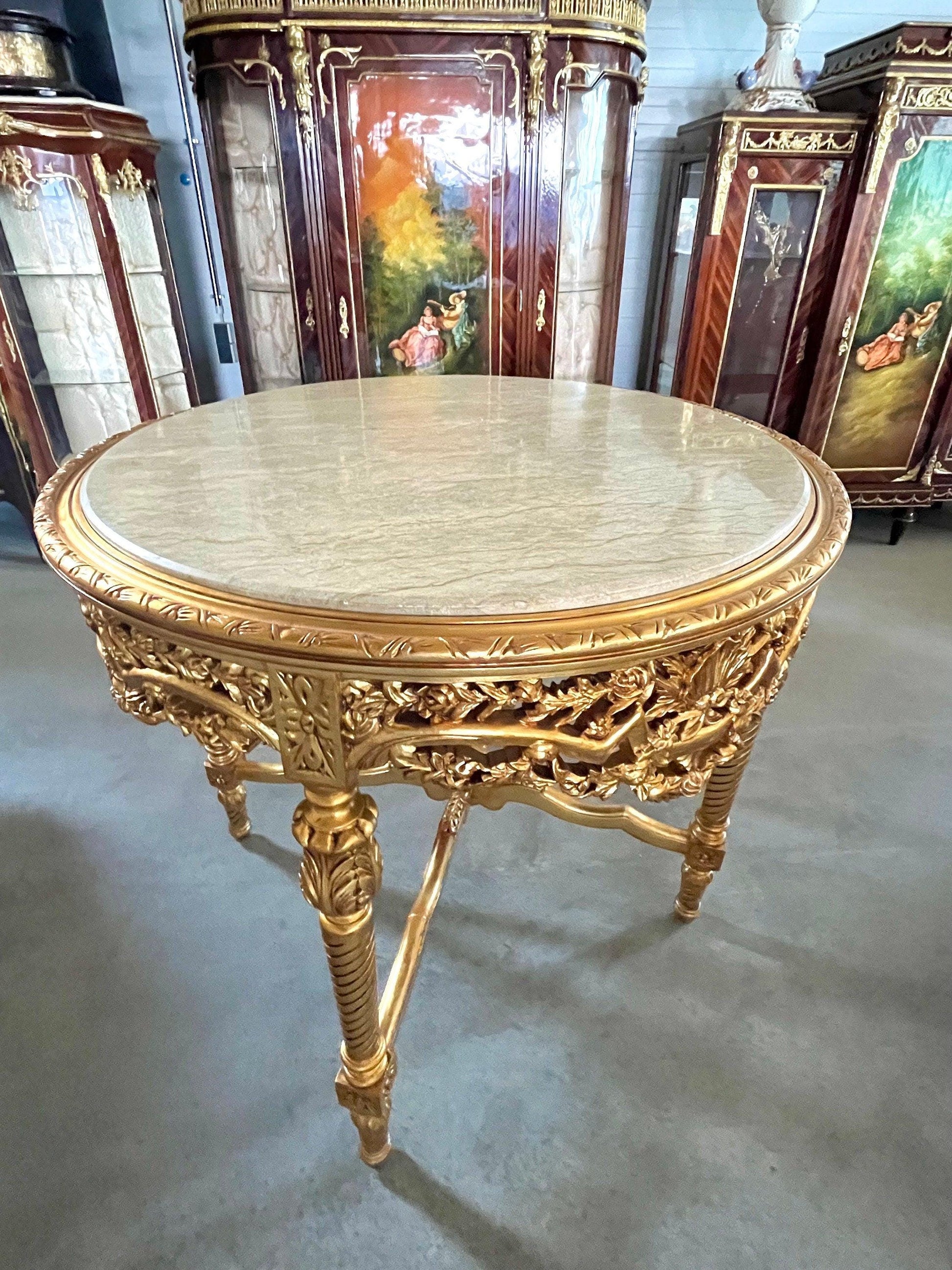 Round Table Italian Baroque Rococo Style in Beige Marble Top Table Black Marble Top French Decor Table Antique Style Table for Home Decor