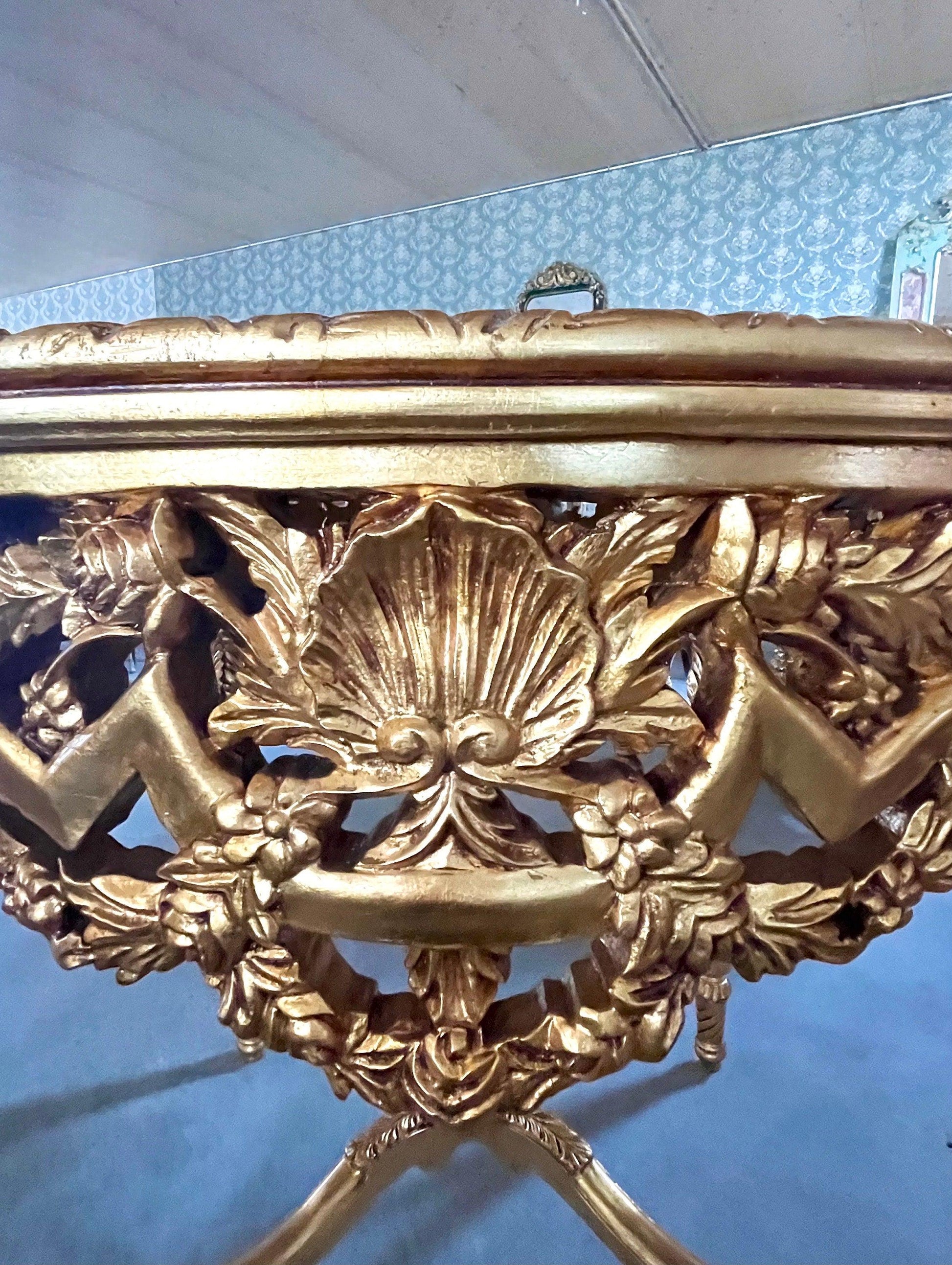 Round Table Italian Baroque Rococo Style in Beige Marble Top Table Black Marble Top French Decor Table Antique Style Table for Home Decor