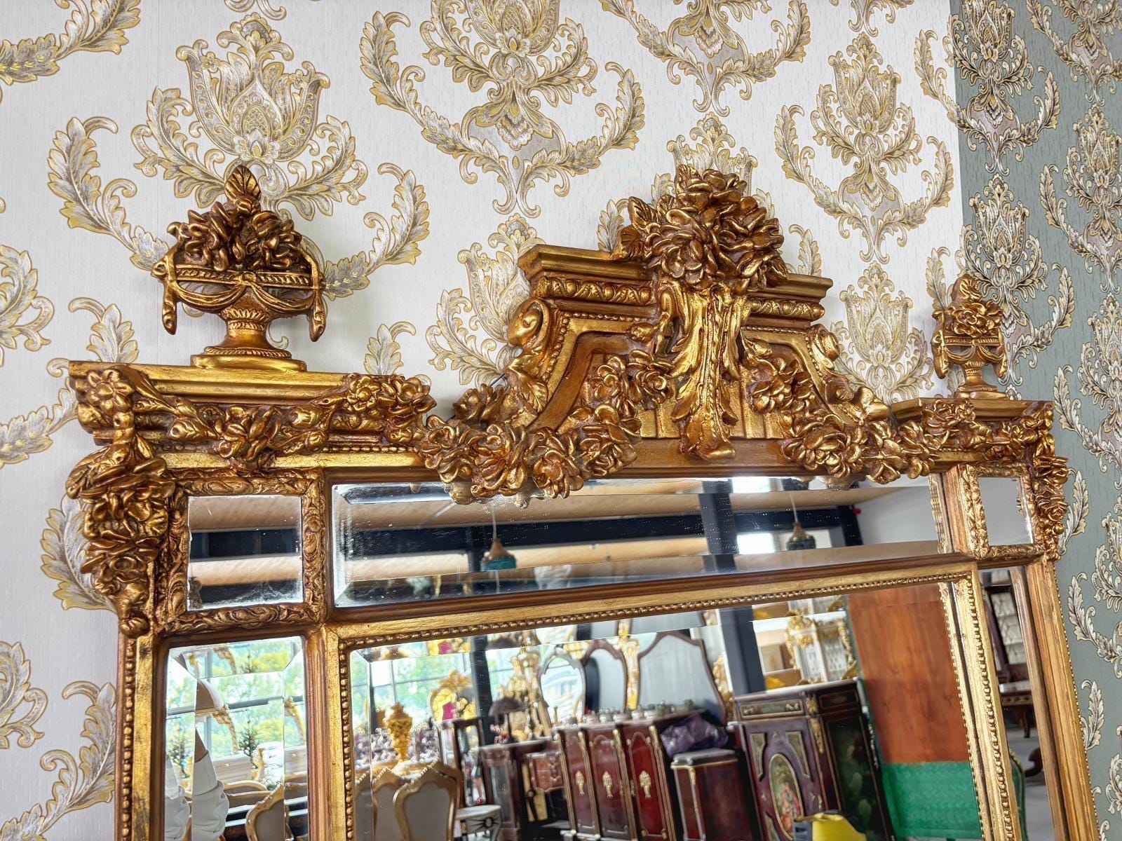 Floor Mirror Antique Baroque Rococo Style with Decorative Flower Sculpture Frame Luxurious Retangular Mirror in Gold Finish for Home Decor