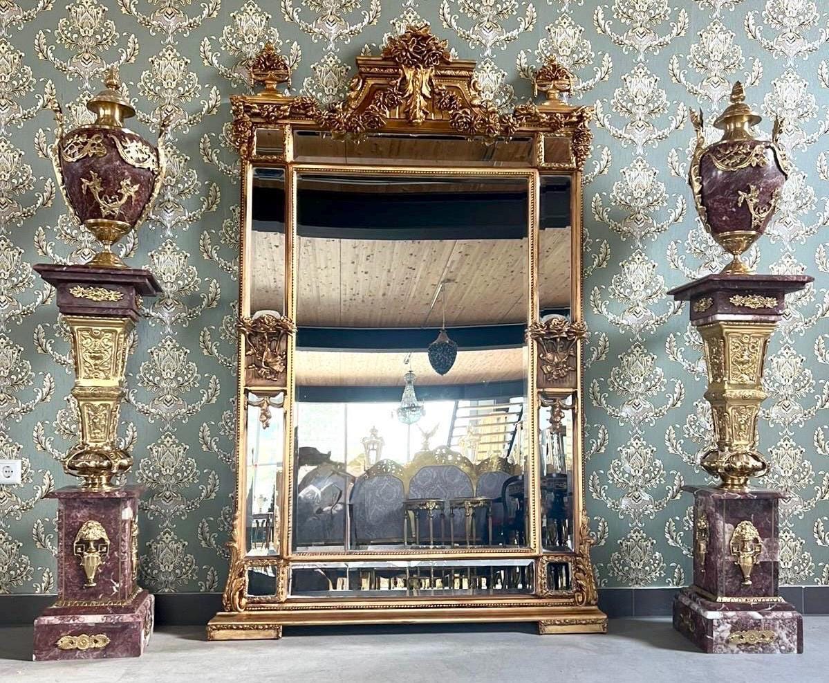 Floor Mirror Antique Baroque Rococo Style with Decorative Flower Sculpture Frame Luxurious Retangular Mirror in Gold Finish for Home Decor