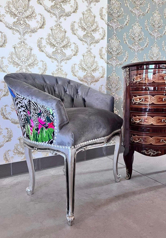 Cocktail Chair Tufted Velvet French Baroque Rococo Style in Animal Jungle Print Colorful Armchair Velvet Black Velvet Grey Lounge Bar Chair