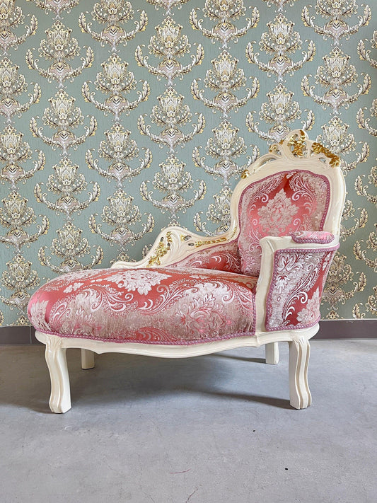 Small Chaise Longue French Louis Style in Flower Pattern Retro Baroque Style Bench in Velvet Green Velvet Pink for Home Decor