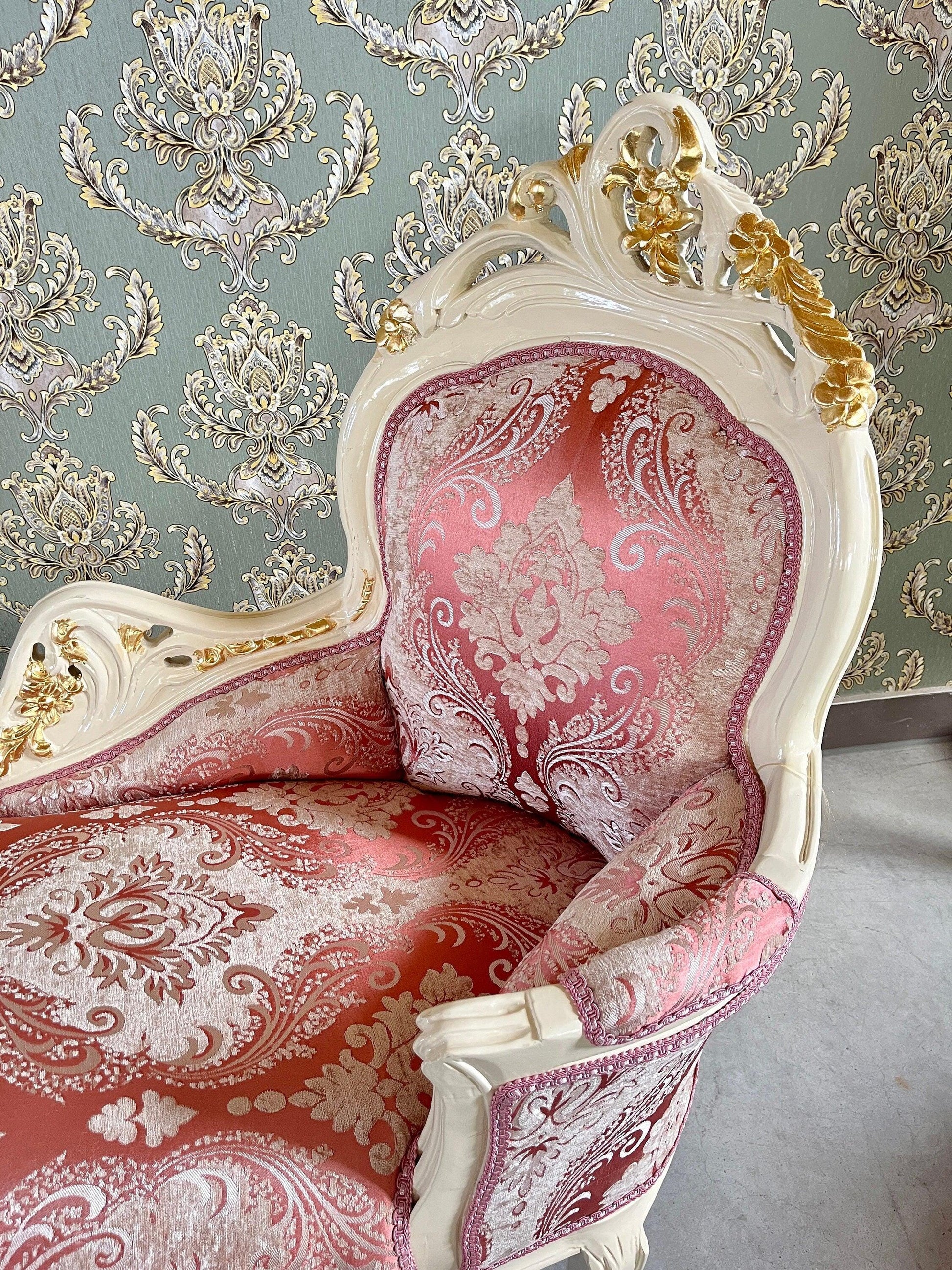Small Chaise Longue French Louis Style in Flower Pattern Retro Baroque Style Bench in Velvet Green Velvet Pink for Home Decor