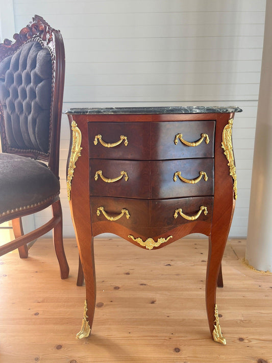 Deluxe Chest of Drawer French Louis Baroque Style Night Stand Marble Top in Wooden Brown Color Classic Bed Side Table for Home Decor