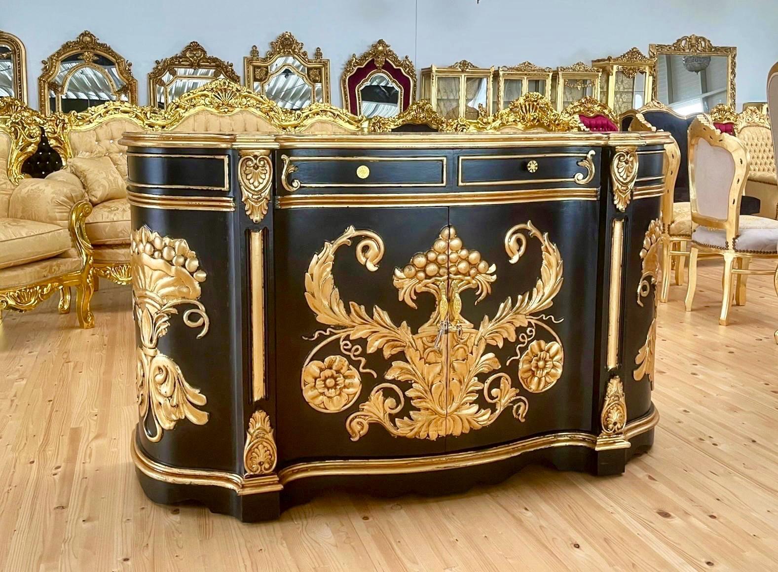 Huge Wooden Cabinet Antique Rococo Style in Black White Royal Luxury Cupboard for Living Room Decor or Commercial Display