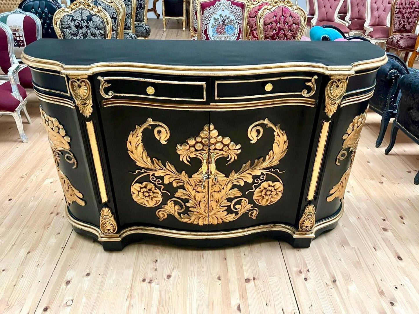 Huge Wooden Cabinet Antique Rococo Style in Black White Royal Luxury Cupboard for Living Room Decor or Commercial Display