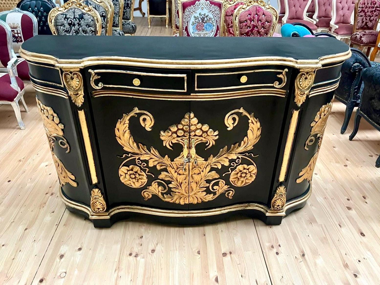 Huge Wooden Cabinet Antique Rococo Style in Black White Royal Luxury Cupboard for Living Room Decor or Commercial Display