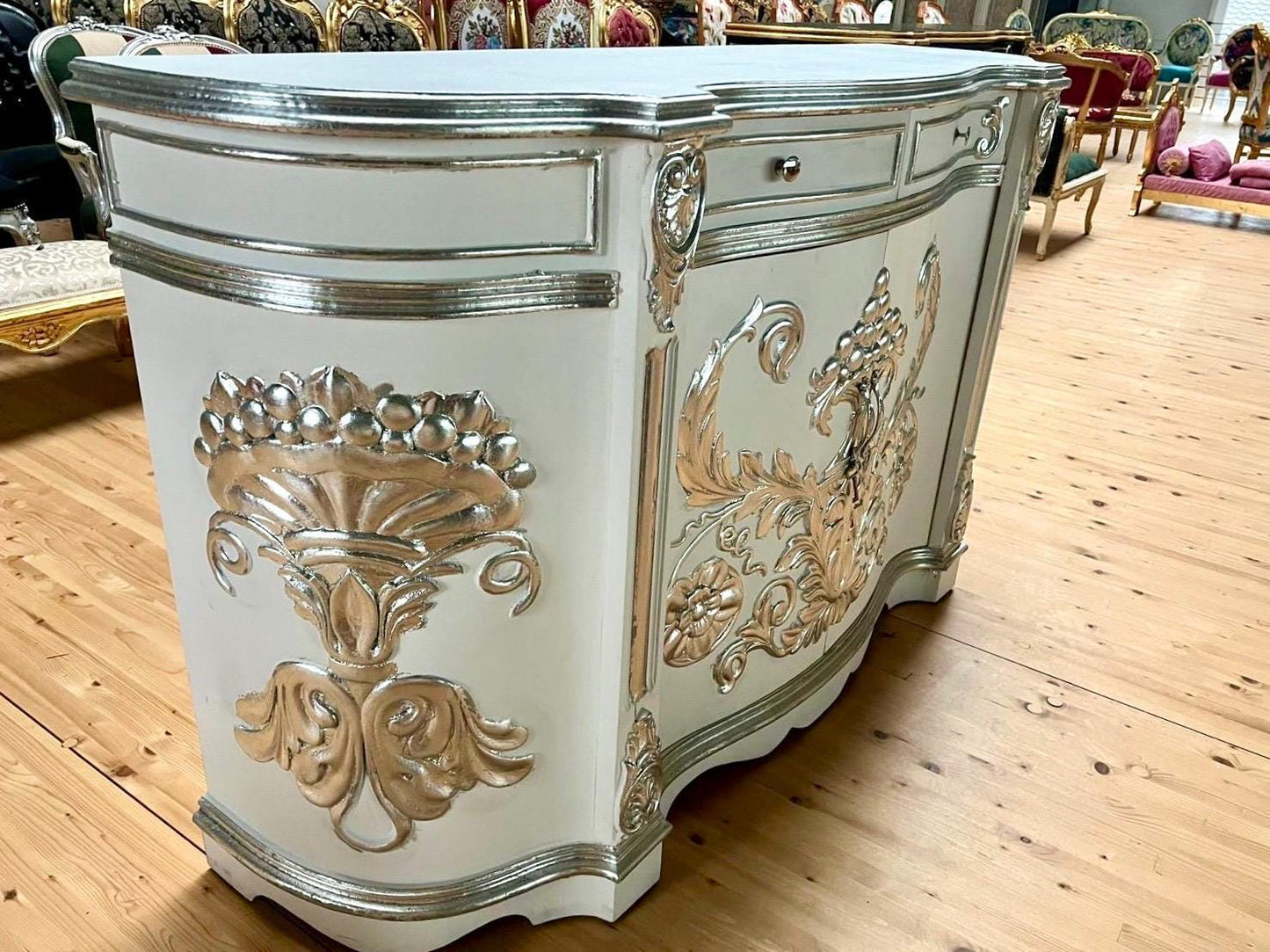 Huge Wooden Cabinet Antique Rococo Style in Black White Royal Luxury Cupboard for Living Room Decor or Commercial Display
