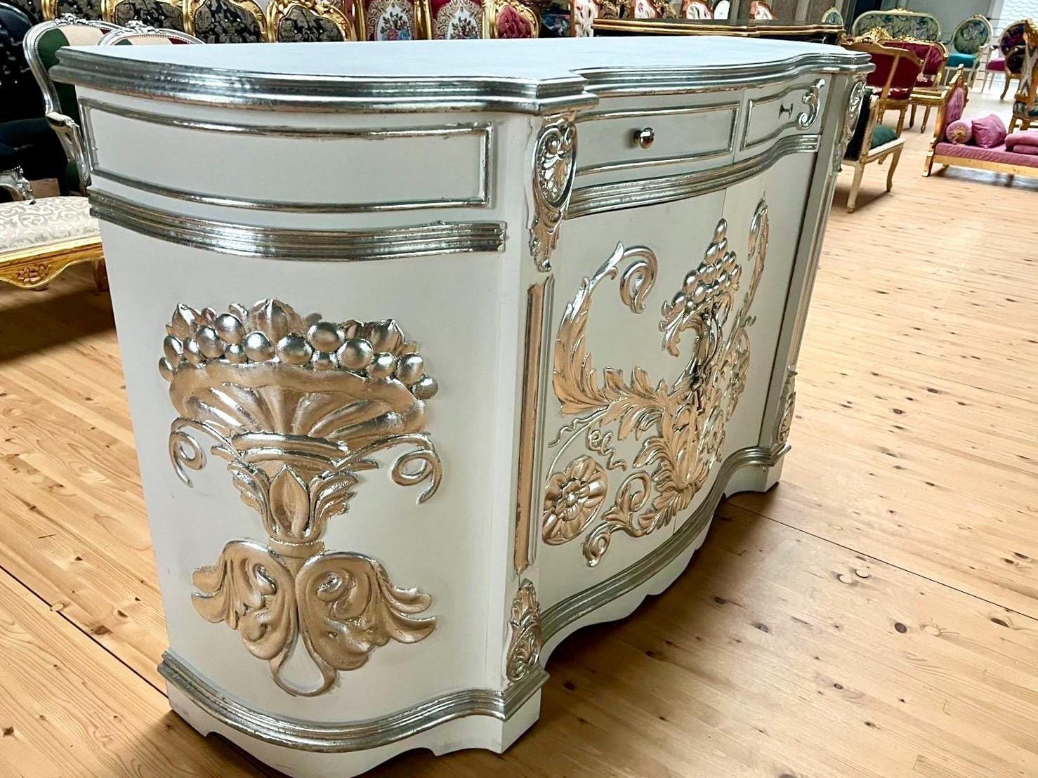 Huge Wooden Cabinet Antique Rococo Style in Black White Royal Luxury Cupboard for Living Room Decor or Commercial Display