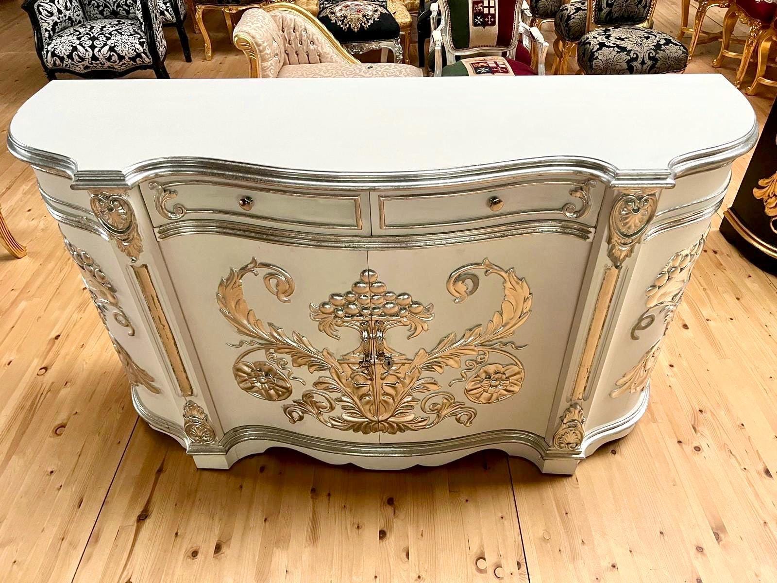 Huge Wooden Cabinet Antique Rococo Style in Black White Royal Luxury Cupboard for Living Room Decor or Commercial Display