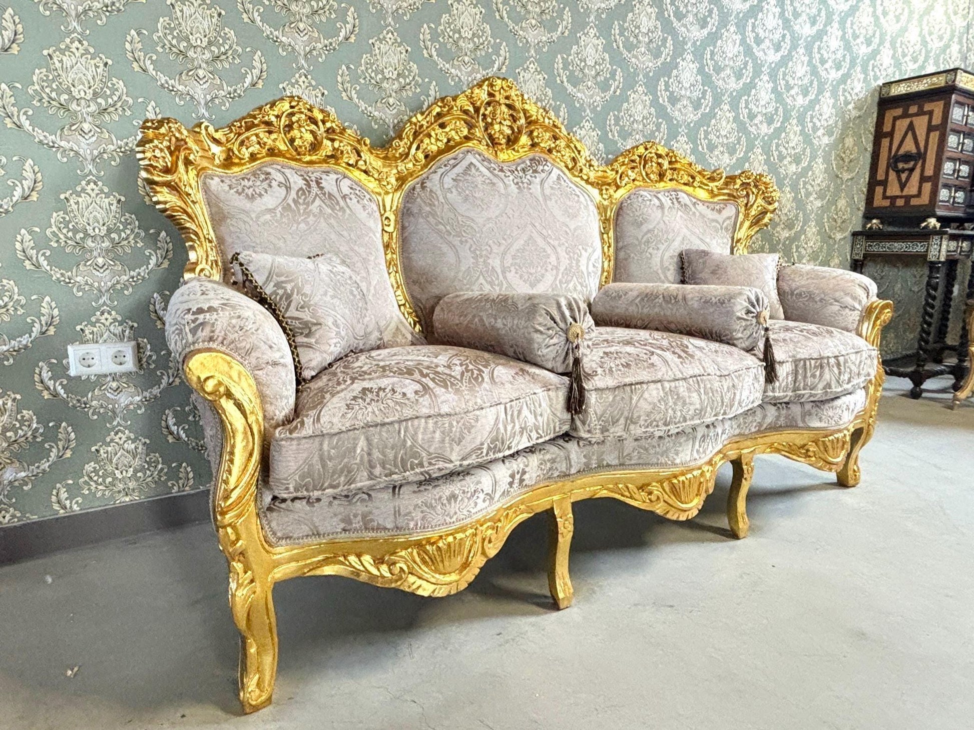 Sofa Set French Louis XV Style Tufted Velvet Dark Beige Color in Gold Finish Marble Top Coffee Table Retro Baroque Style Sofa Set