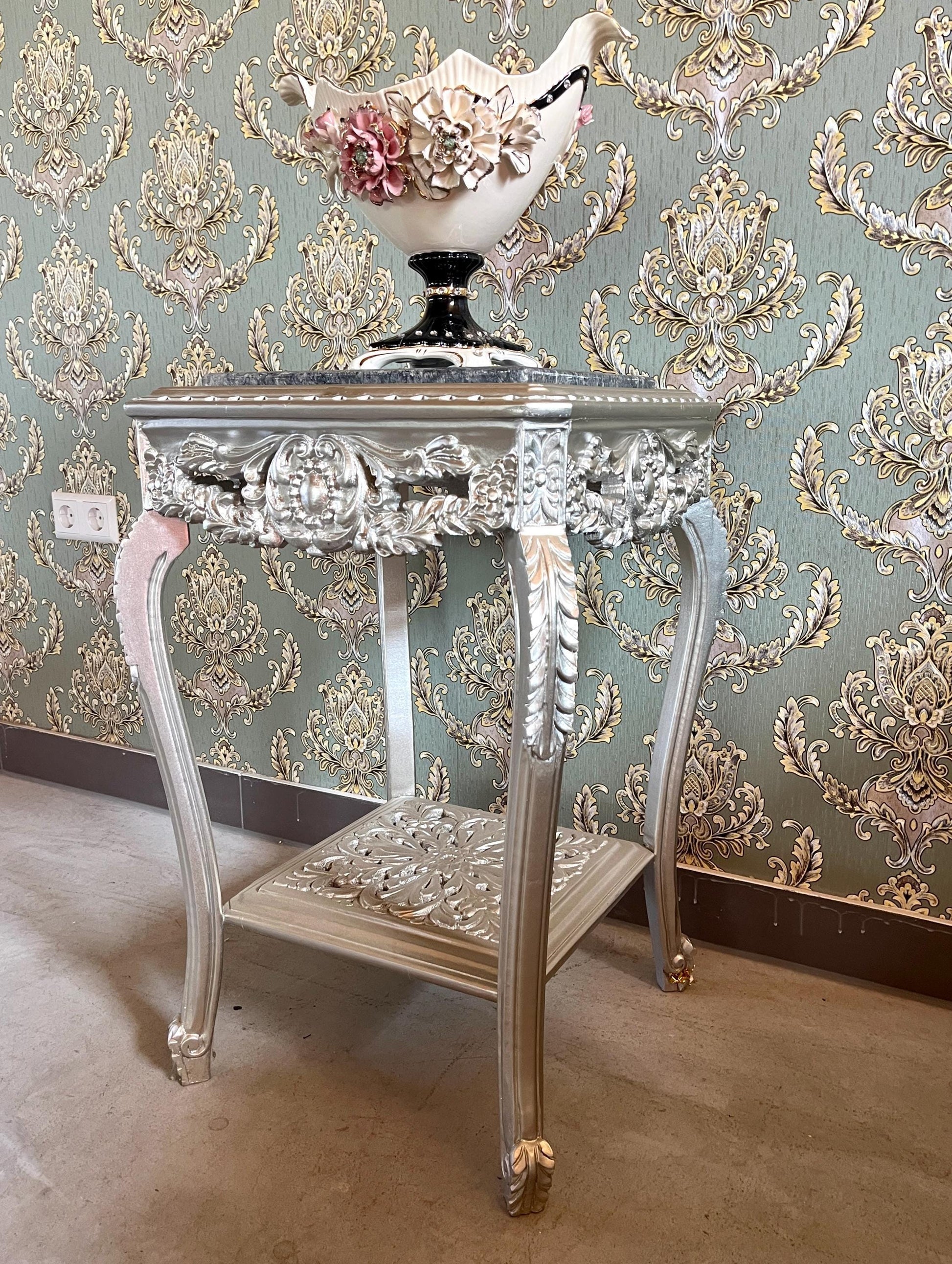 Square Side Table Silver Frame With Black Marble Top Retro Baroque Style Handmade Coffee Table in Silver Finish for Living Room End Table