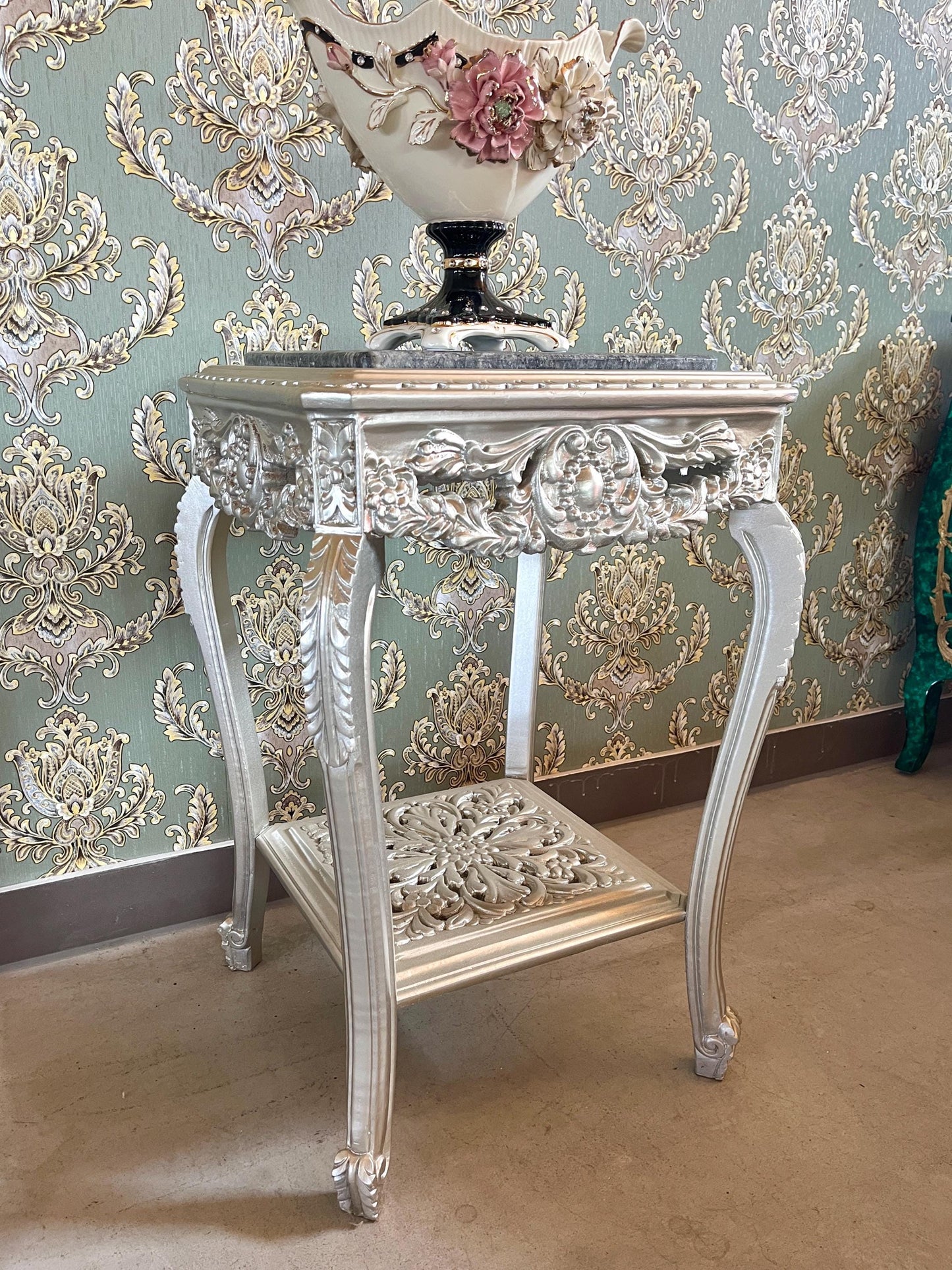 Square Side Table Silver Frame With Black Marble Top Retro Baroque Style Handmade Coffee Table in Silver Finish for Living Room End Table
