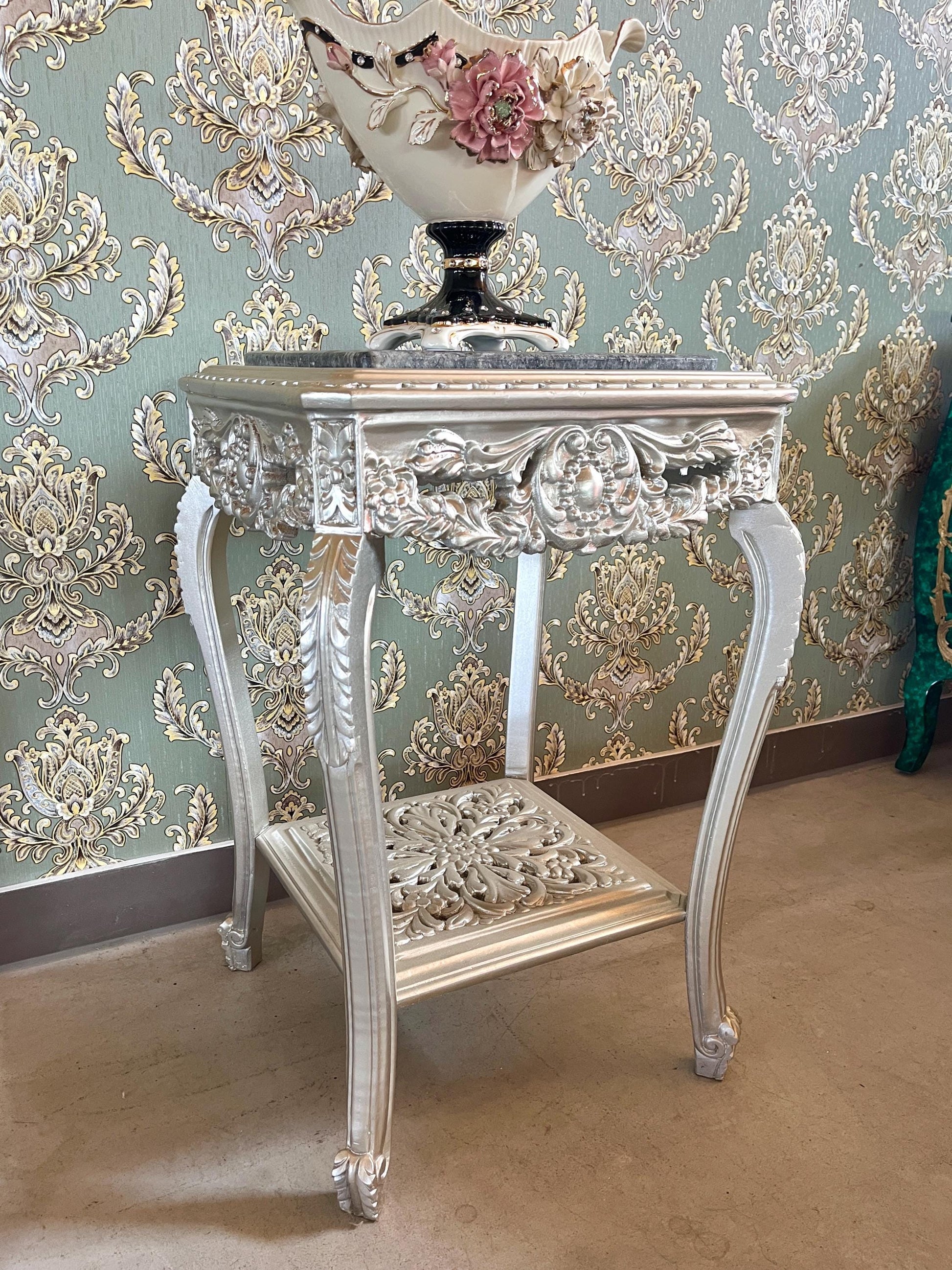Square Side Table Silver Frame With Black Marble Top Retro Baroque Style Handmade Coffee Table in Silver Finish for Living Room End Table