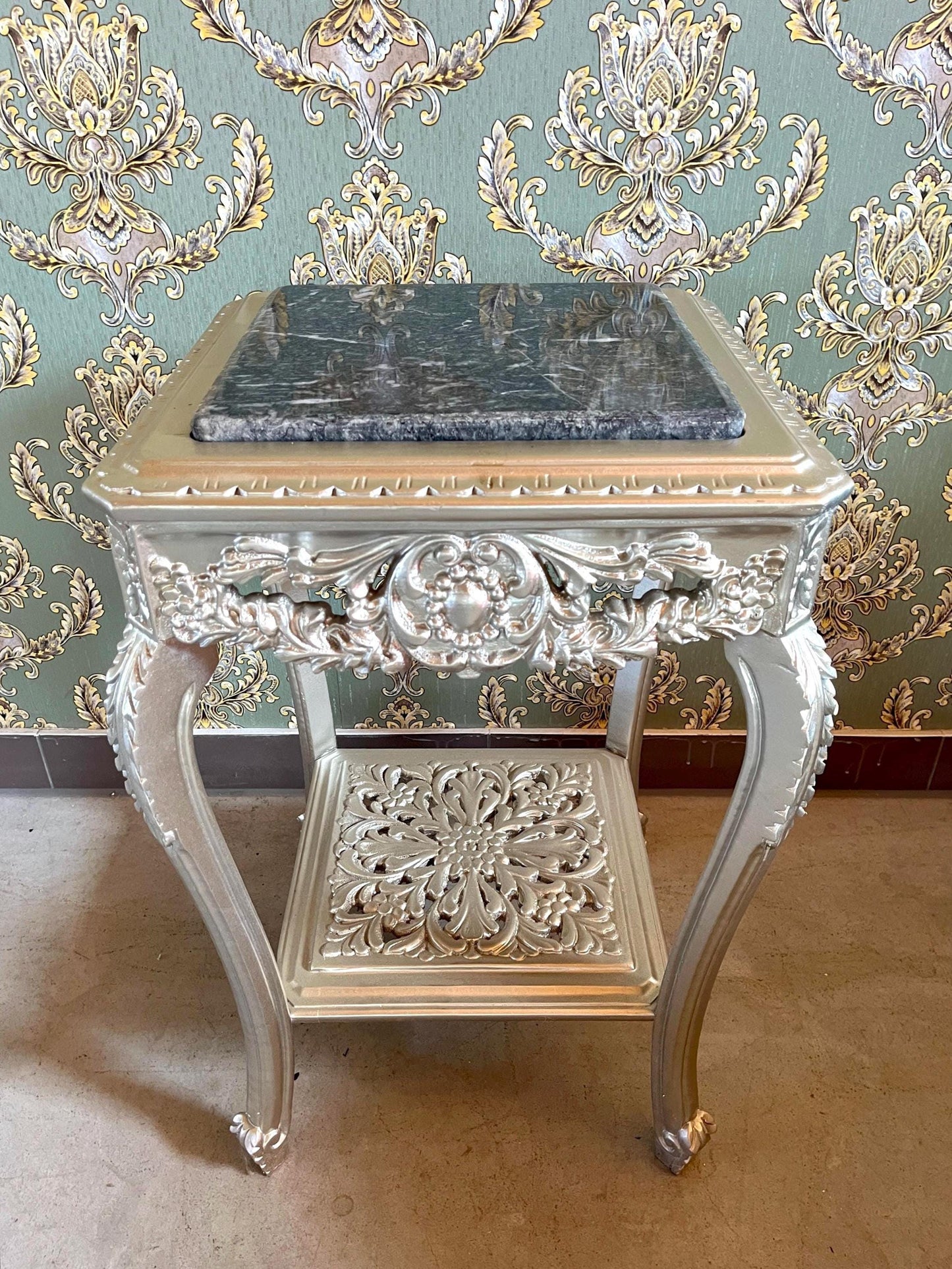 Square Side Table Silver Frame With Black Marble Top Retro Baroque Style Handmade Coffee Table in Silver Finish for Living Room End Table