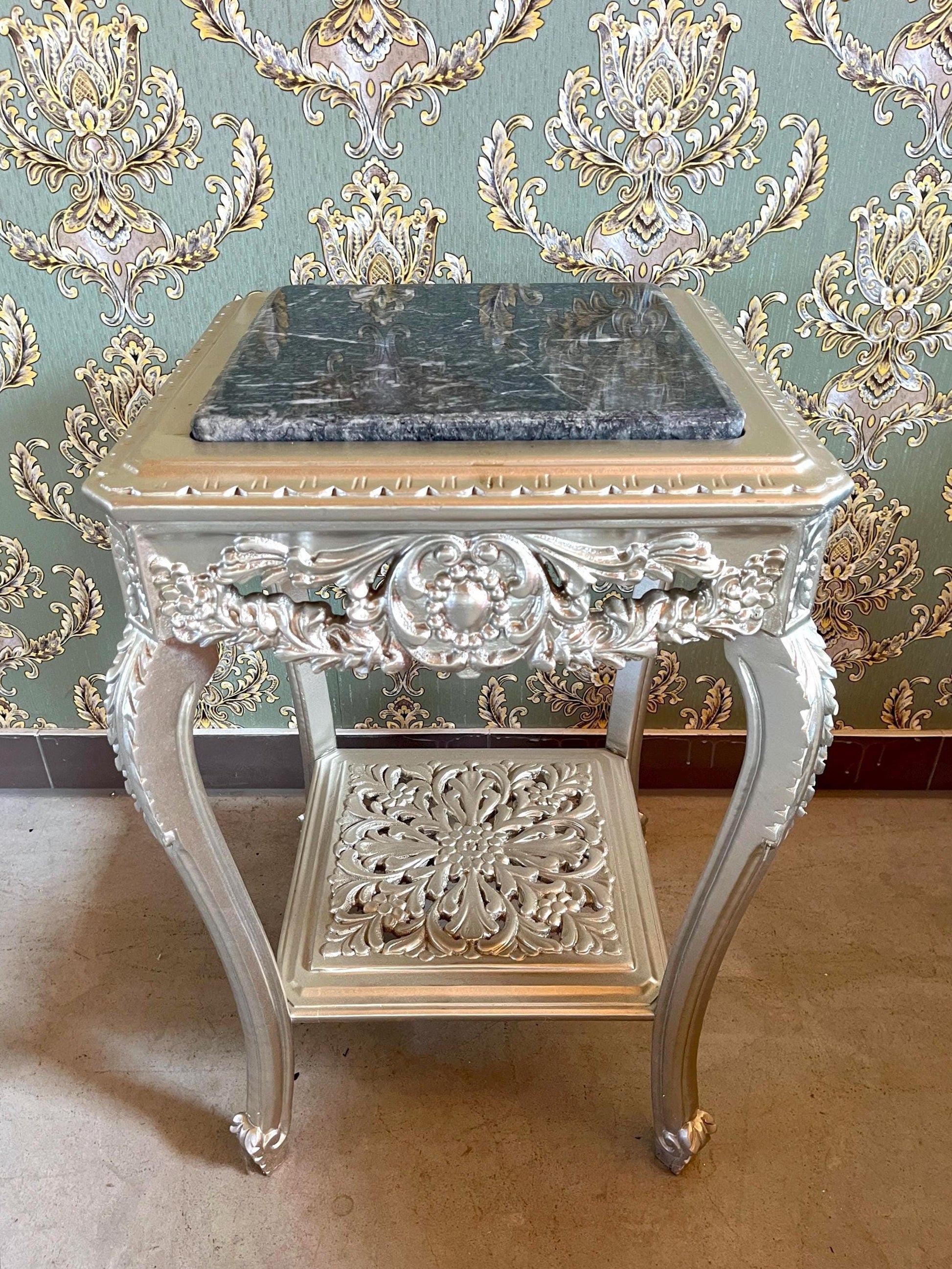 Square Side Table Silver Frame With Black Marble Top Retro Baroque Style Handmade Coffee Table in Silver Finish for Living Room End Table