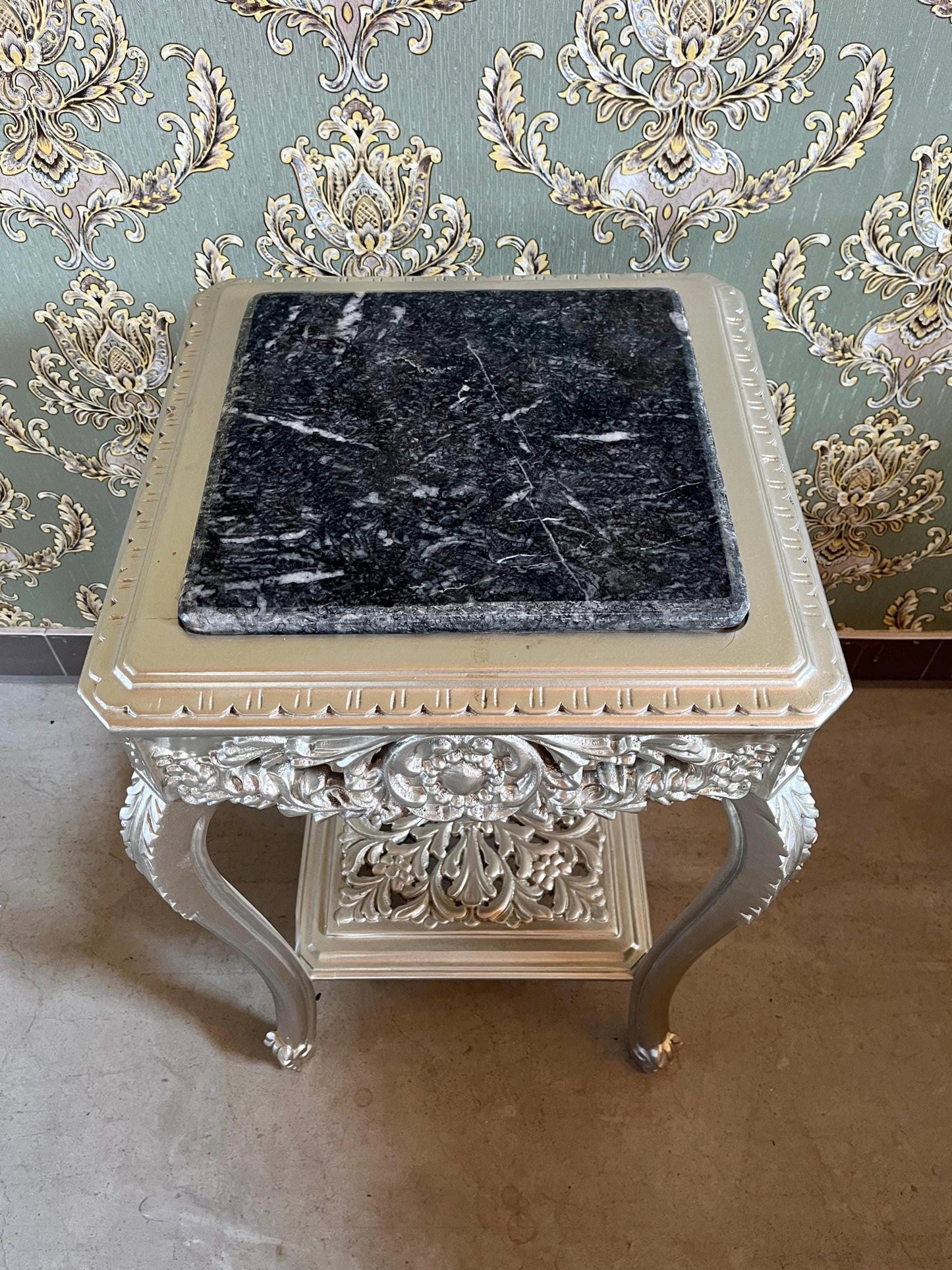 Square Side Table Silver Frame With Black Marble Top Retro Baroque Style Handmade Coffee Table in Silver Finish for Living Room End Table