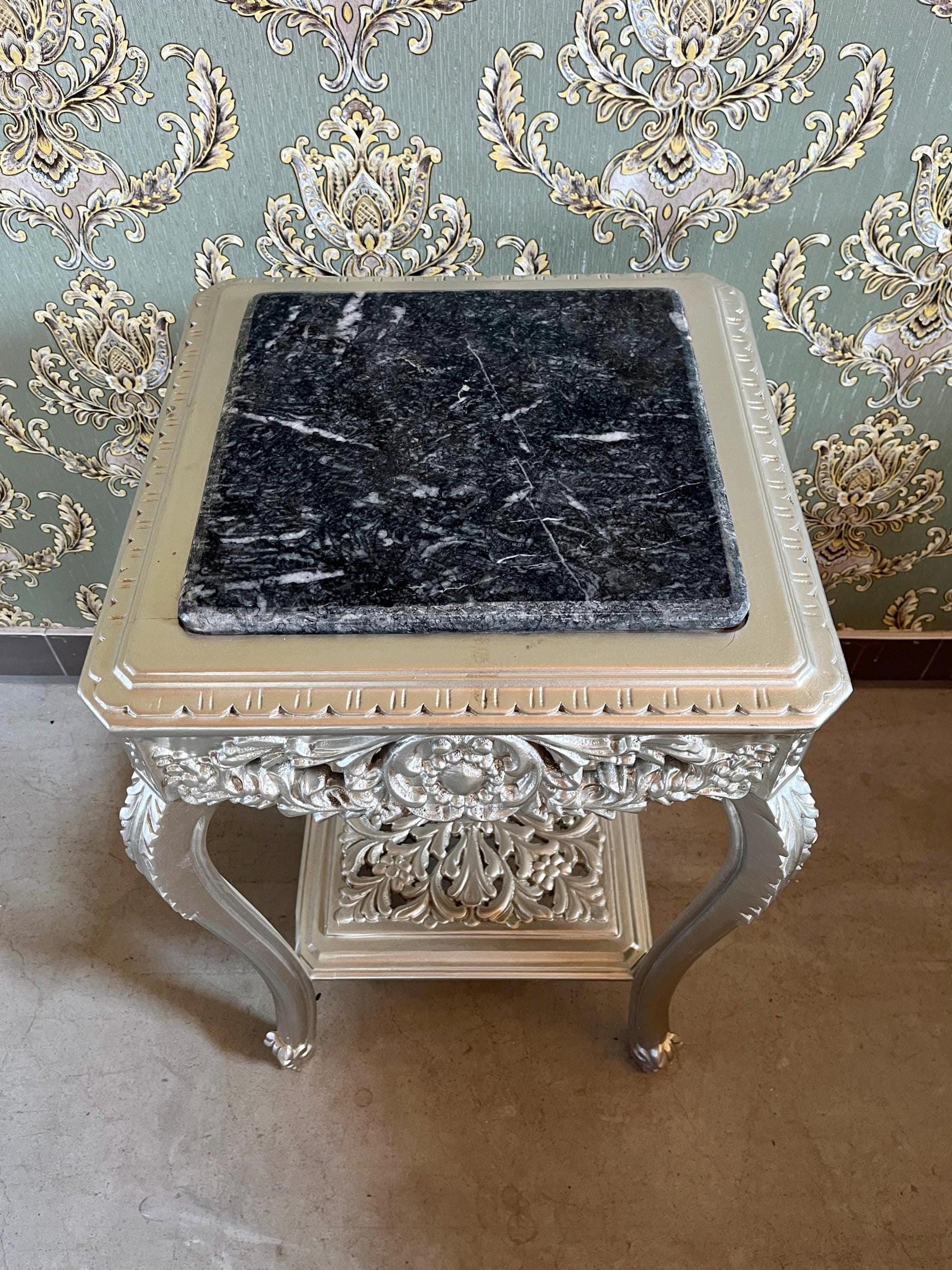 Square Side Table Silver Frame With Black Marble Top Retro Baroque Style Handmade Coffee Table in Silver Finish for Living Room End Table