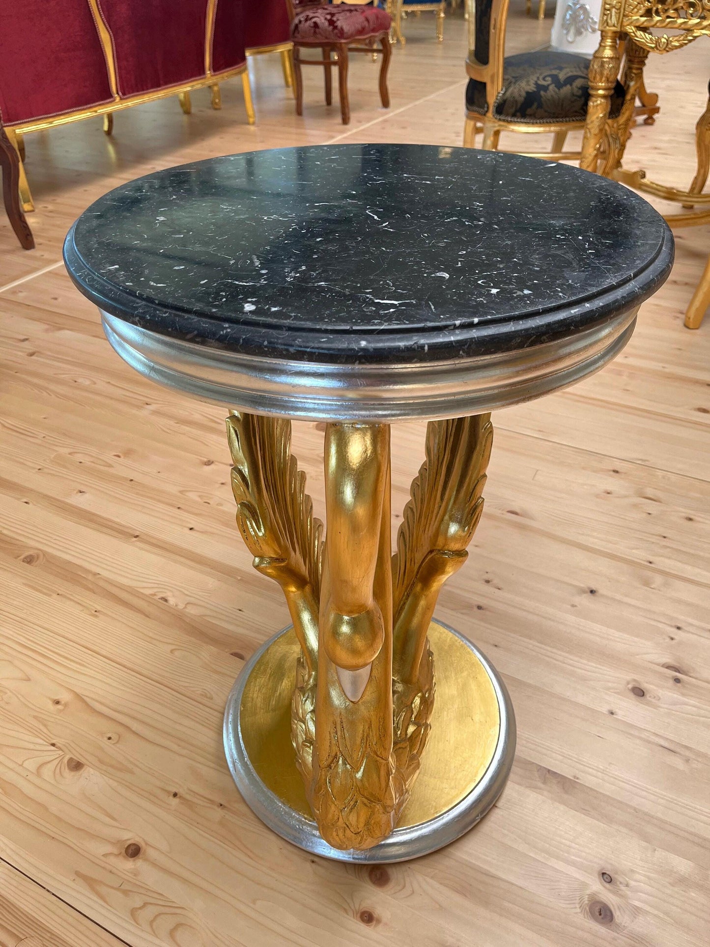 Royal Baroque Side Table Black Marble Top Round Cafe Table Silver Luxurious Side Table Gold Swan Stand & Marble Top for Living Room Decor