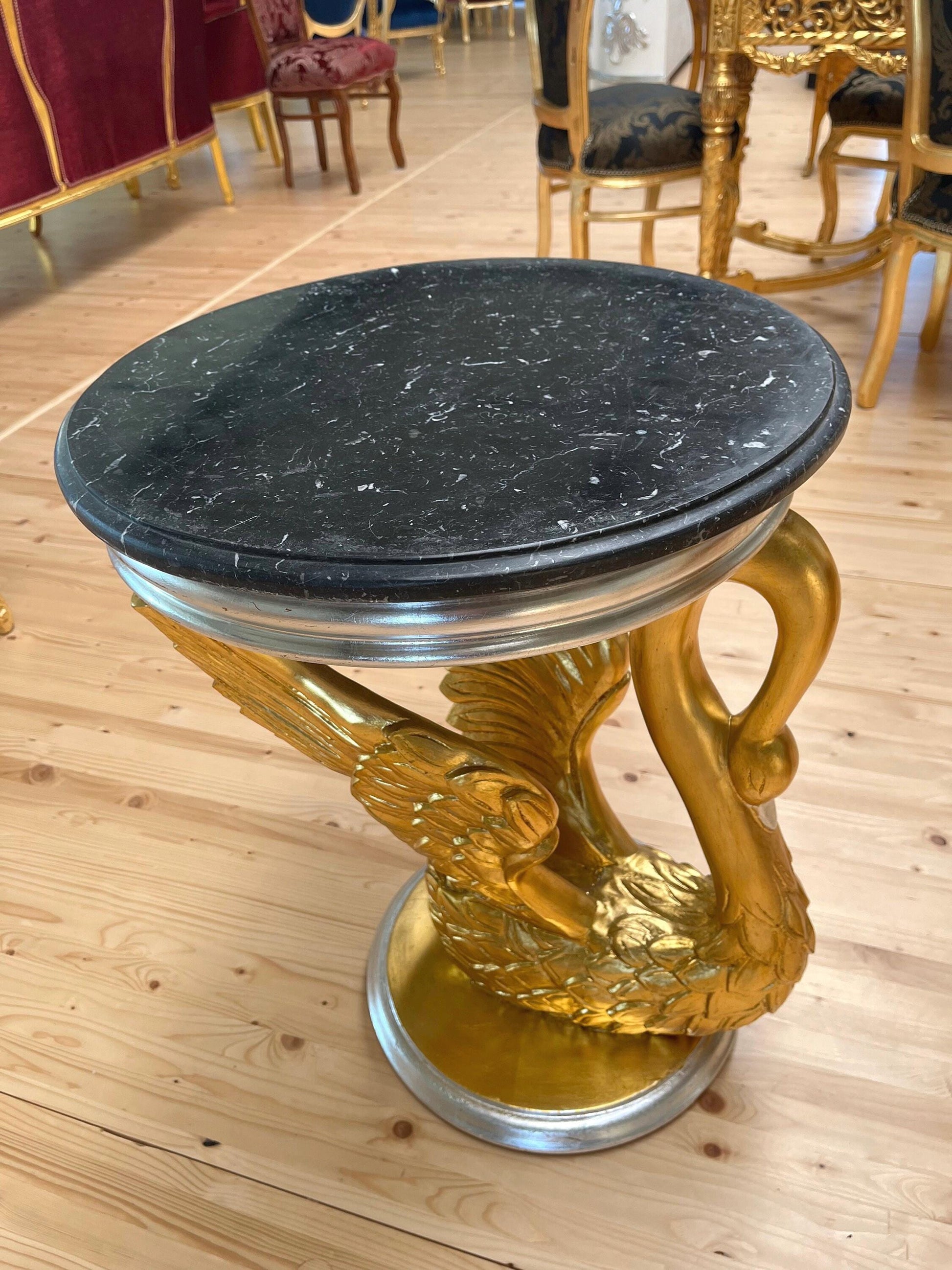 Royal Baroque Side Table Black Marble Top Round Cafe Table Silver Luxurious Side Table Gold Swan Stand & Marble Top for Living Room Decor