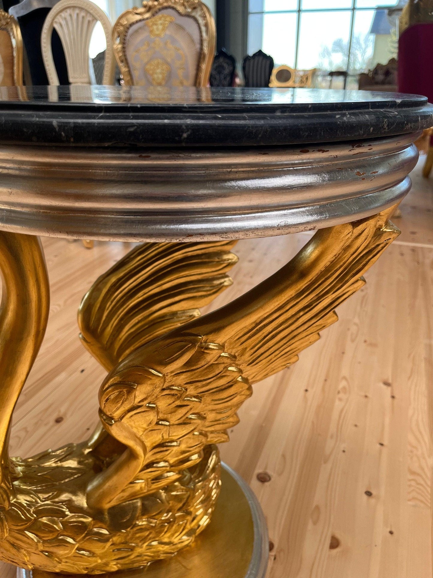 Royal Baroque Side Table Black Marble Top Round Cafe Table Silver Luxurious Side Table Gold Swan Stand & Marble Top for Living Room Decor