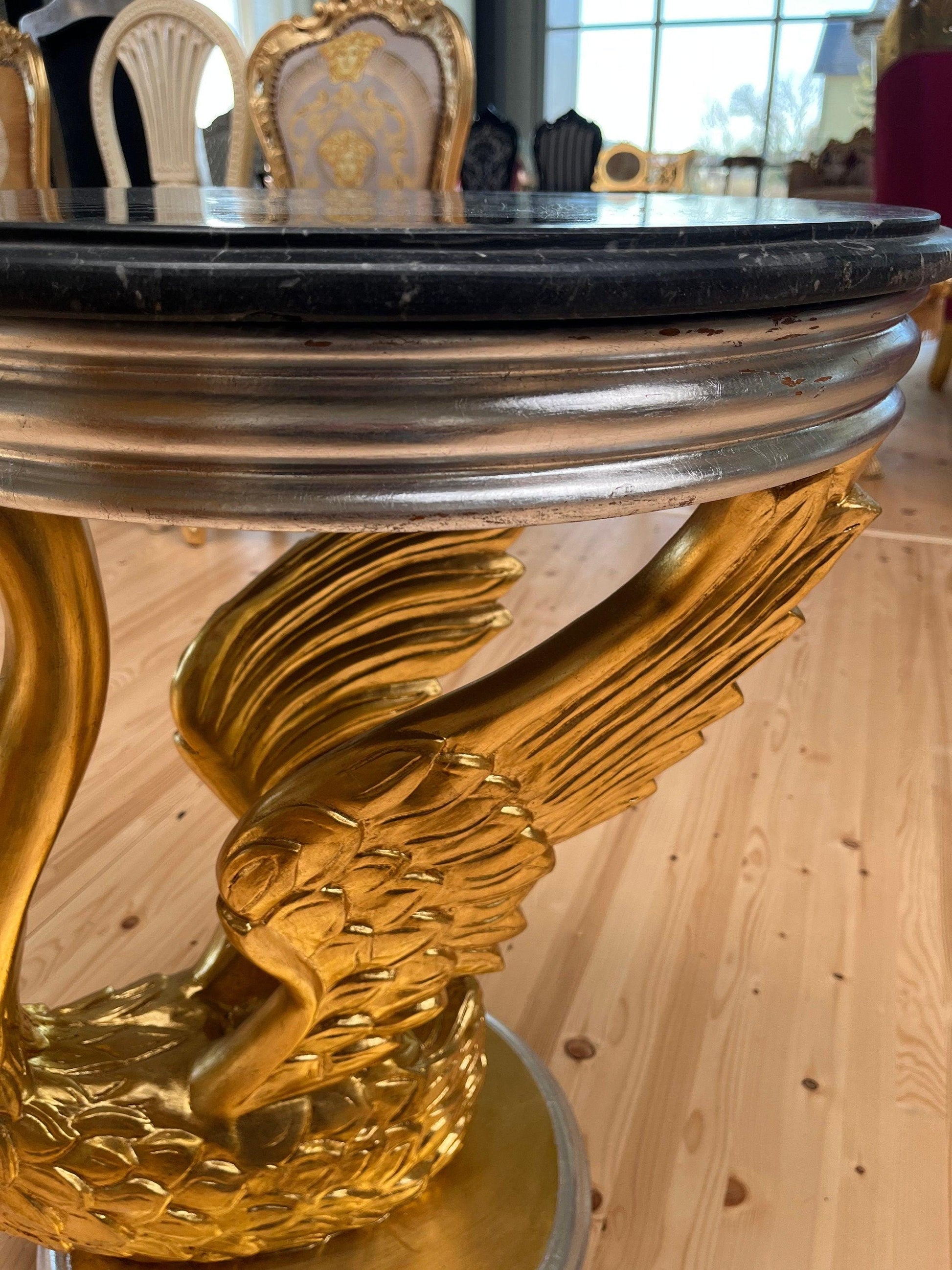 Royal Baroque Side Table Black Marble Top Round Cafe Table Silver Luxurious Side Table Gold Swan Stand & Marble Top for Living Room Decor