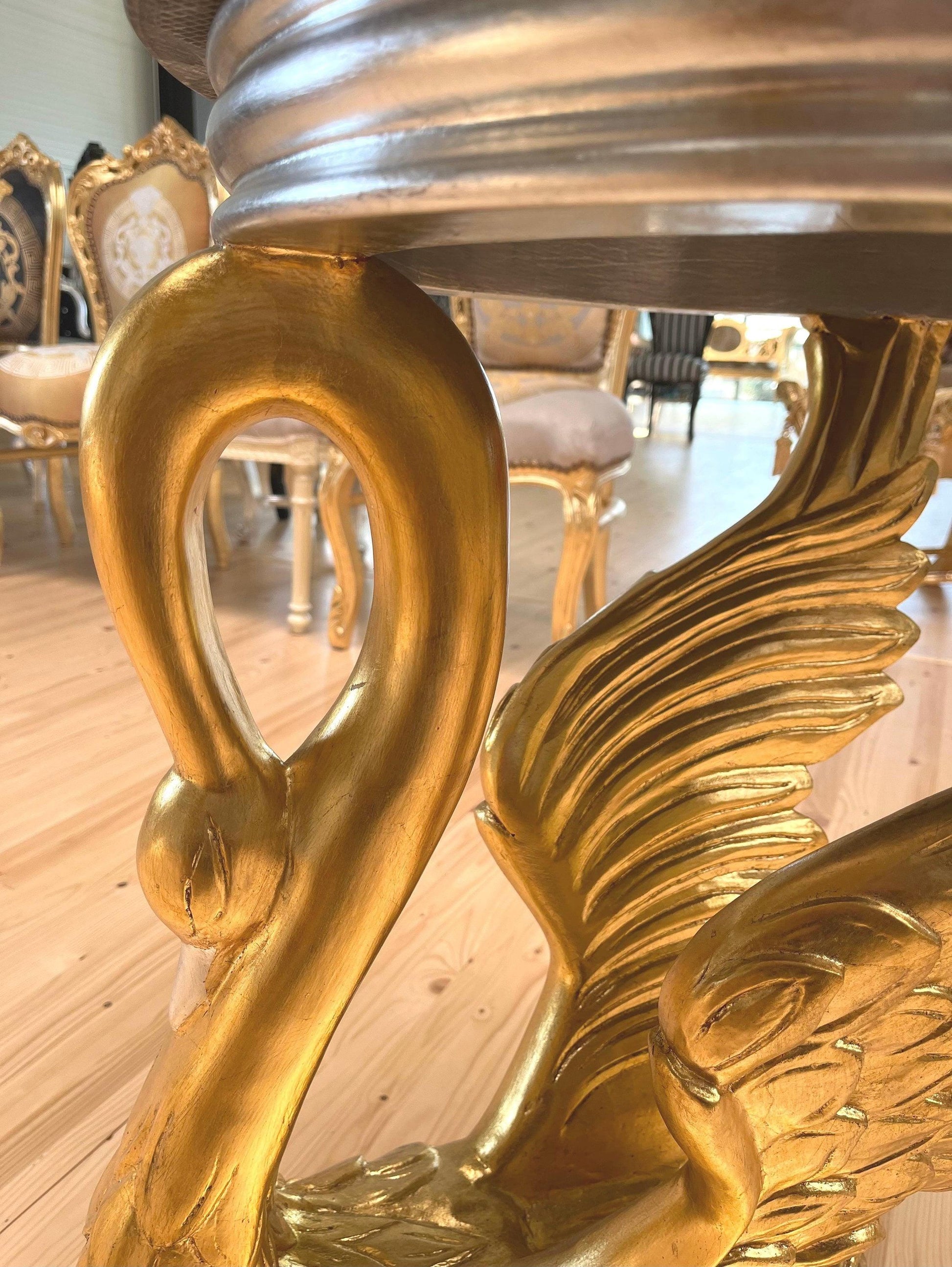 Royal Baroque Side Table Black Marble Top Round Cafe Table Silver Luxurious Side Table Gold Swan Stand & Marble Top for Living Room Decor