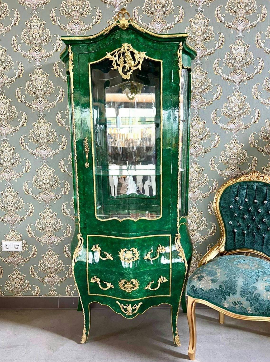 Display Cabinet Emerald Green Color Vitrine French Baroque Royal Style Marble Slab Top Showcase for Wall Decor Gift - LIMITED EDITION