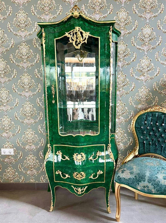Display Cabinet Emerald Green Color Vitrine French Baroque Royal Style Marble Slab Top Showcase for Wall Decor Gift - LIMITED EDITION